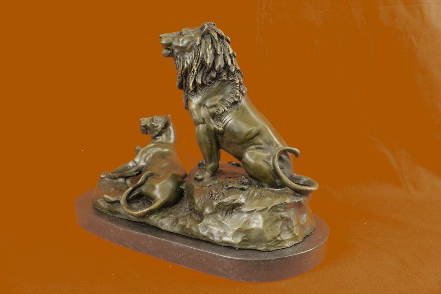 Abstract Mid Century Huge Lion Family Bust Bronze Sculpture Marble Base Figurine