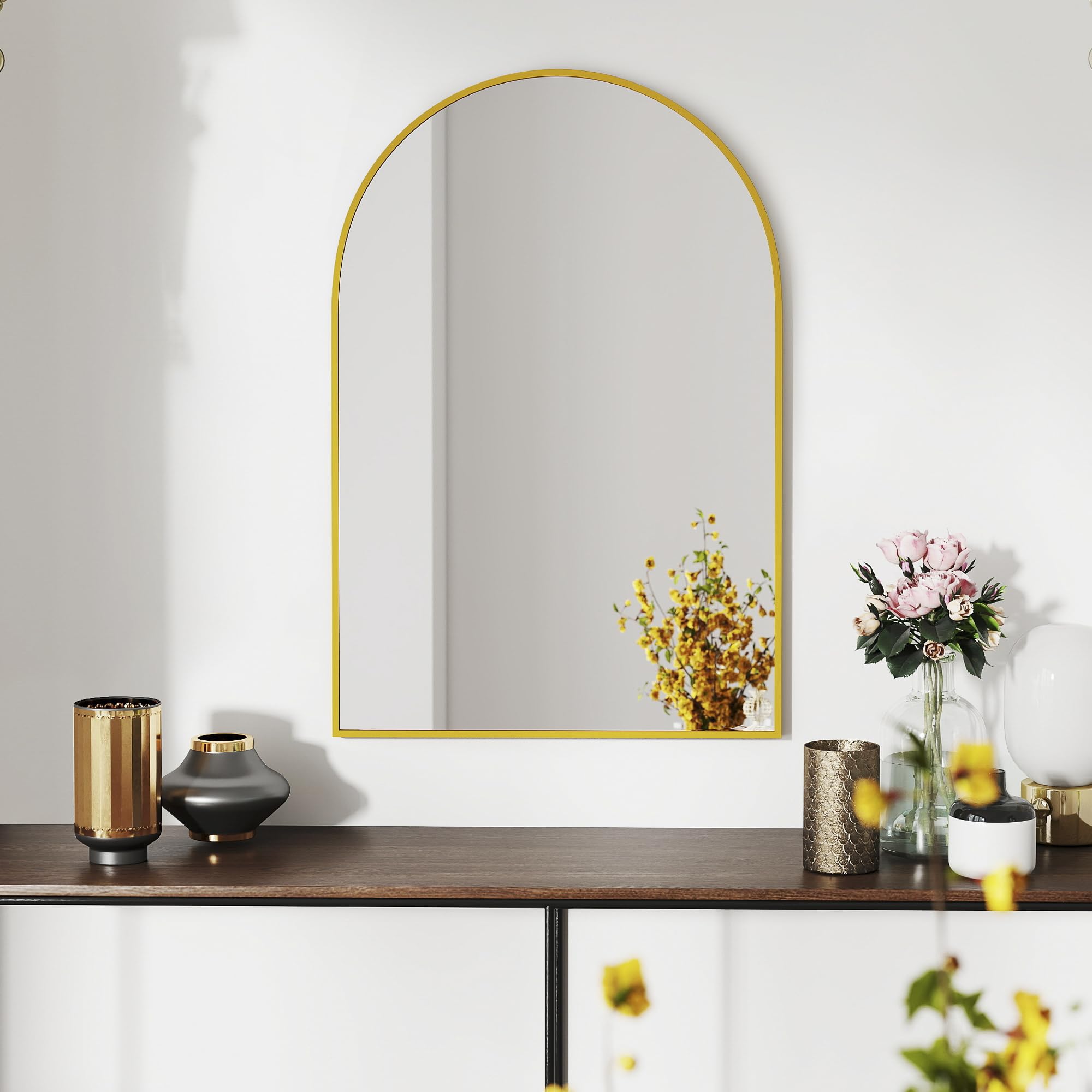 30x20 Arch Mirror Rectangle Wall Mounted Hanging or Against Wall Metal Aluminum Alloy Frame Mirrors for Entryway Bedroom Bathroom Living Room 30 20 inch Gold