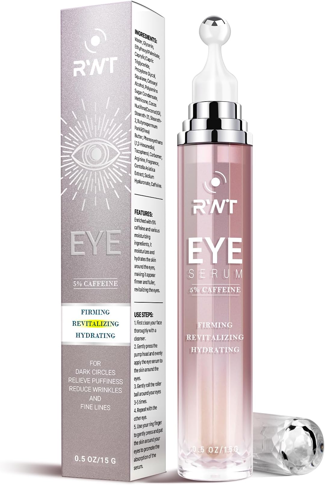 RWT 5% Caffeine Eye Serum & Under Eye Roller Cream for Dark Circles and Puffiness Eye Care Eye Roller Serum with 360° Massage Ball Eye Treatment Serum for Women