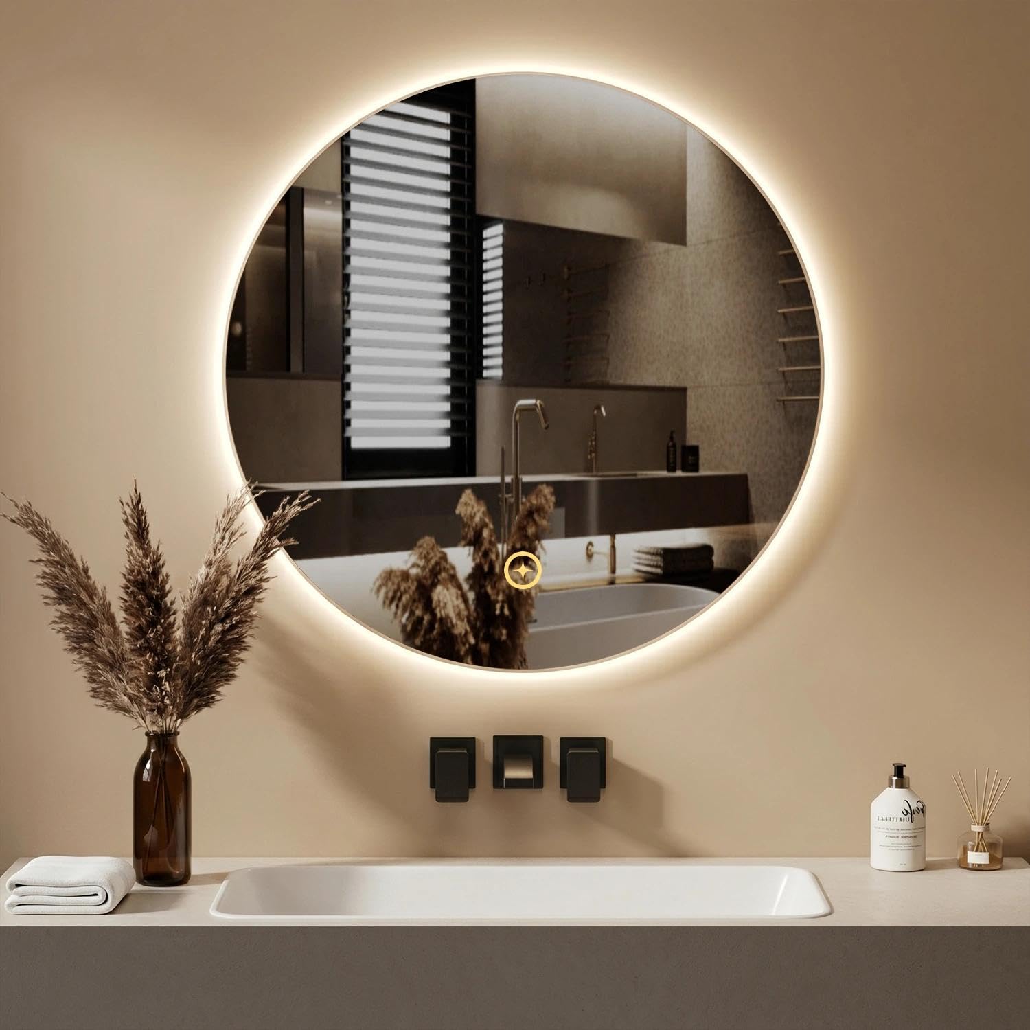 Specchio Rotondo da Parete 60cm LED COB Retroilluminato Bagno Specchio Rotondo Illuminato Controllo Touch Dimmerabile Anti-Appannamento Cornice Alluminio Dorato