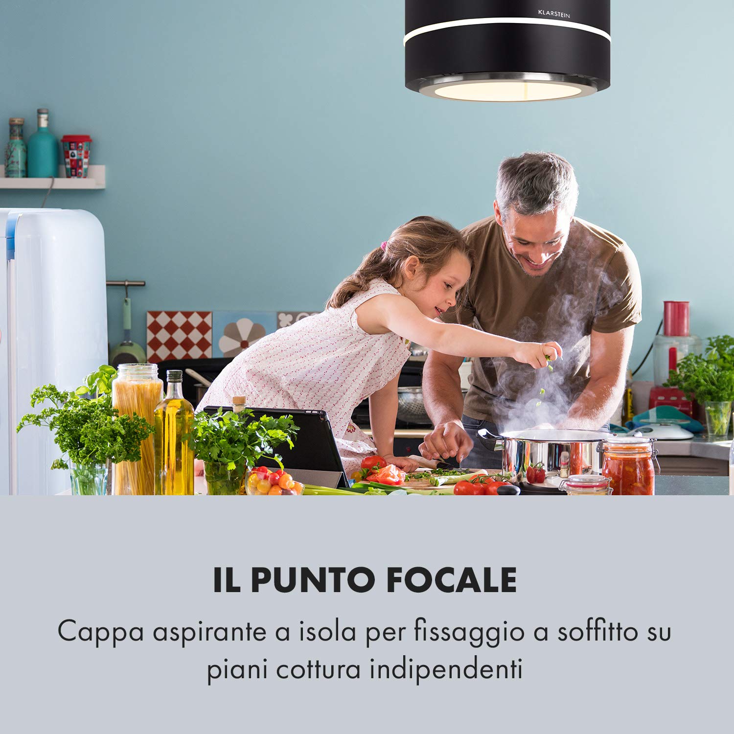 KLARSTEIN Tron Ambience - Cappa da Cucina, Filtri a Carboni Attivi, Cappa Aspirante, ad Isola, 38 x 45 cm (ØxB), Sospensione 60 cm, 3 Modalità, Portata Aria: 540 m³/h, Nero