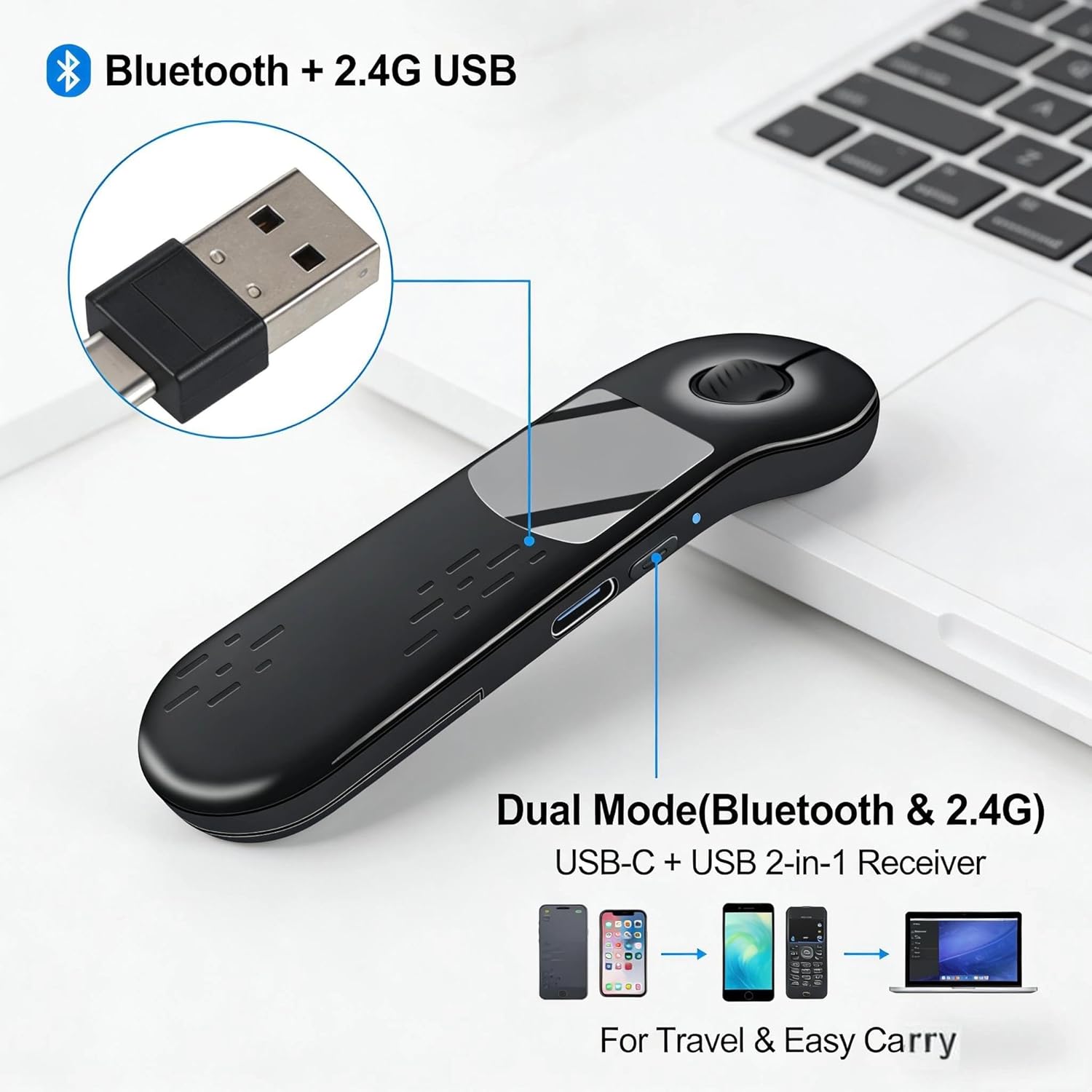 Air Mouse, Handheld Finger Mouse, Wireless Remote Control , USB & Type-C Receiver, Multi-Functional Presentation Clicker, Touchpad Mouse for Smartphone, Tablet, PC E-Book Reading & Selfie(Black)