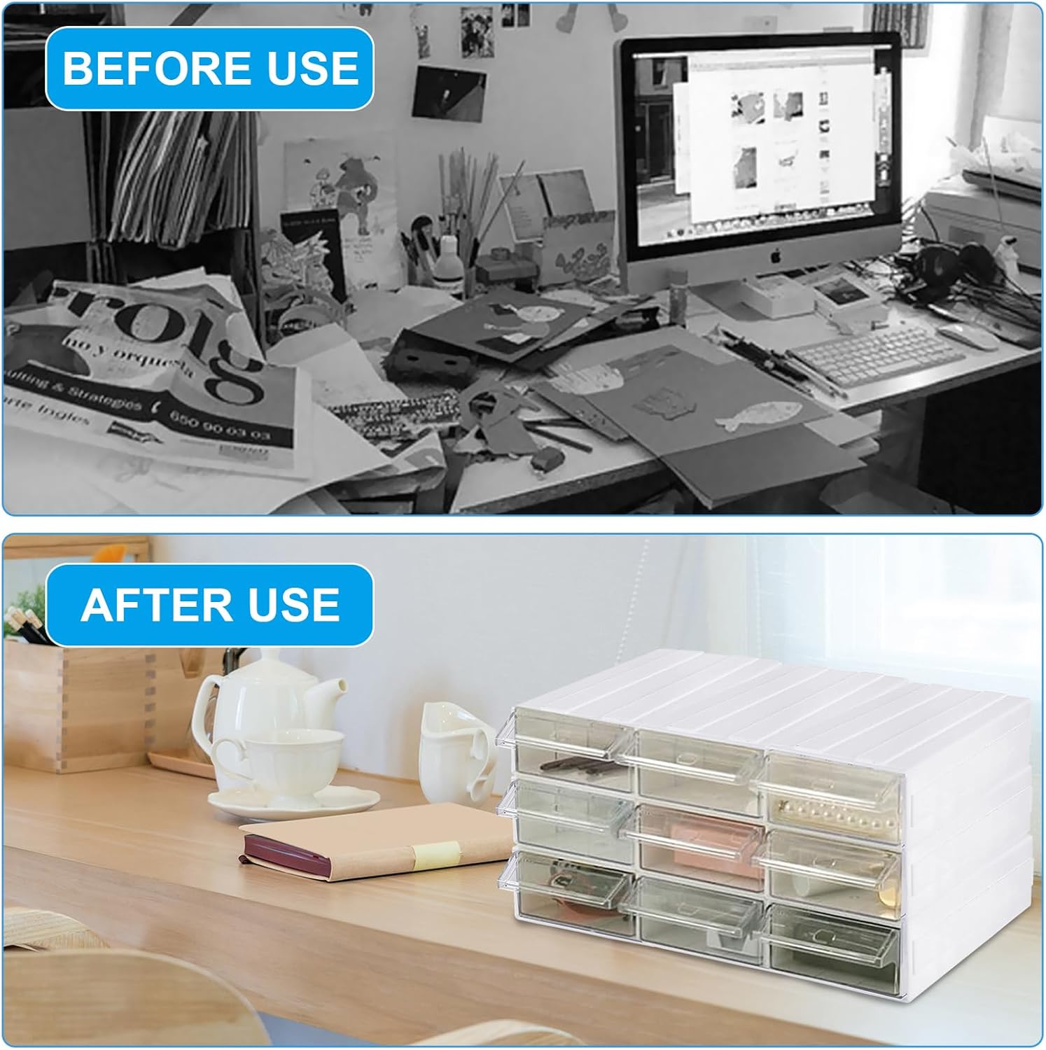 9 Pcs Drawer Stacking Storage Cabinet with 18 Pcs Clear Dividers Organizer Rack & 9 Pcs Tag Card, Plastic Stacking Storage-in-Drawer Cabinet for Home Office Small Items