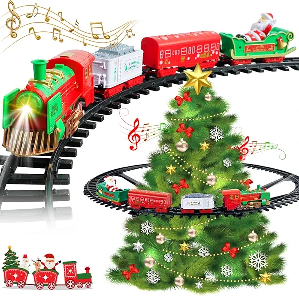 Hanging Christmas Train Set - VATOS 2 in 1 Christmas Train Toy with Light Sound for Kids, Train Toy Set Around & Under The Christmas Tree, Best Indoor Christmas Decoration for Family Yard Garden