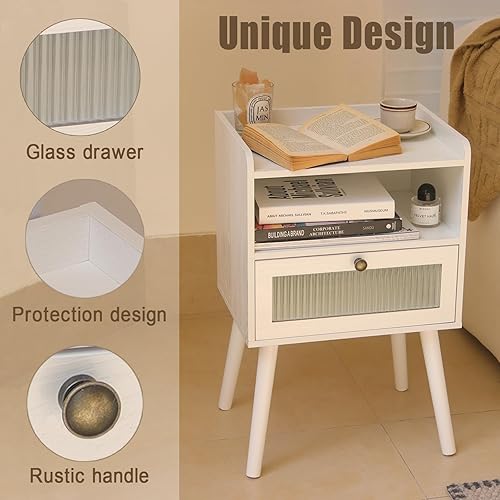 Miniatura 4 de AWASEN Mesita de noche blanca con estación de carga, moderna mesita de noche con cajón decorativo de cristal, mesa auxiliar pequeña con espacio de