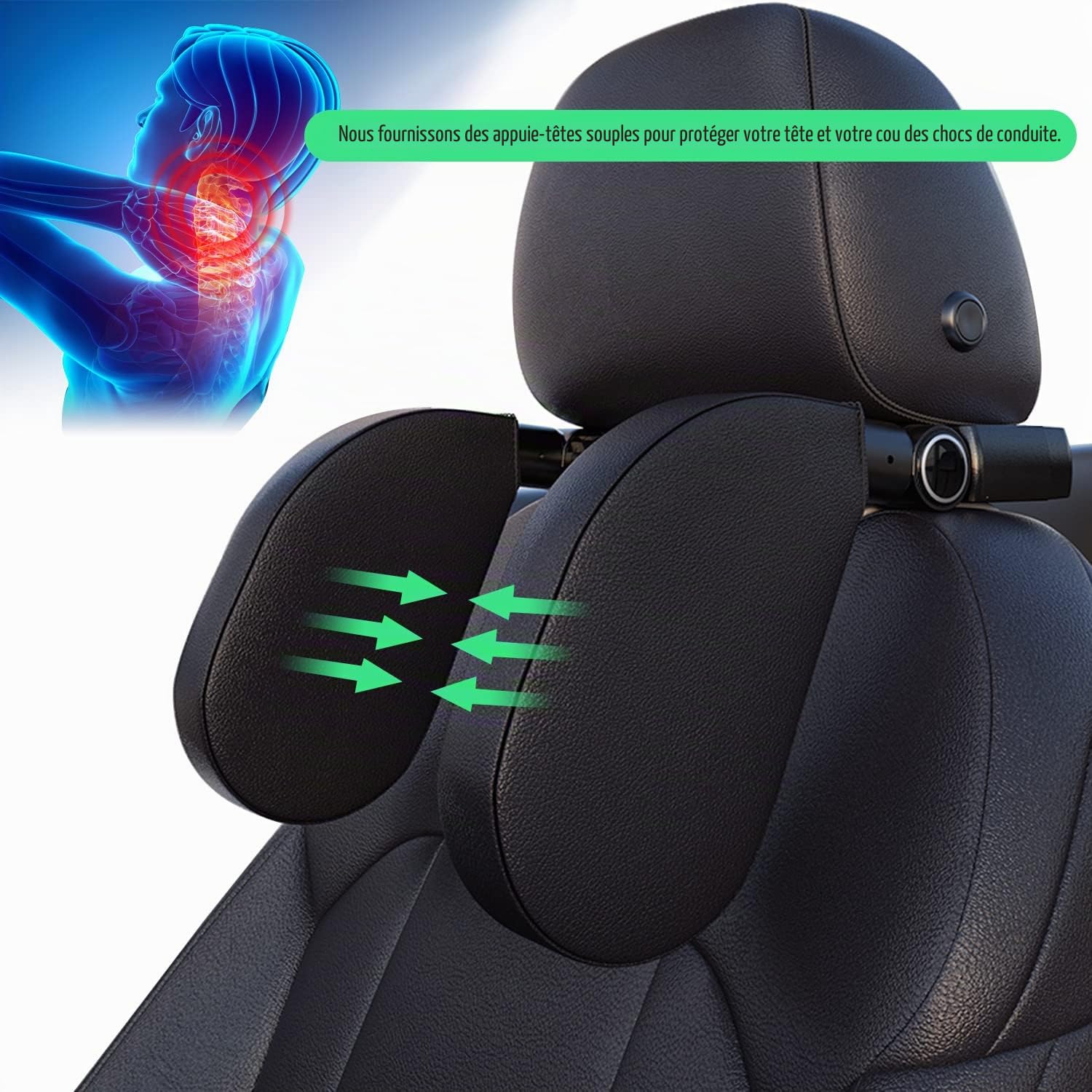Repose Tete Voiture, Rétractable et Détachable Coussin de Siège de Voiture, Support de Tête Réglable pour Siège de Voiture avec Mousse à Mémoire de Forme, pour Enfants et Adultes(Noir)