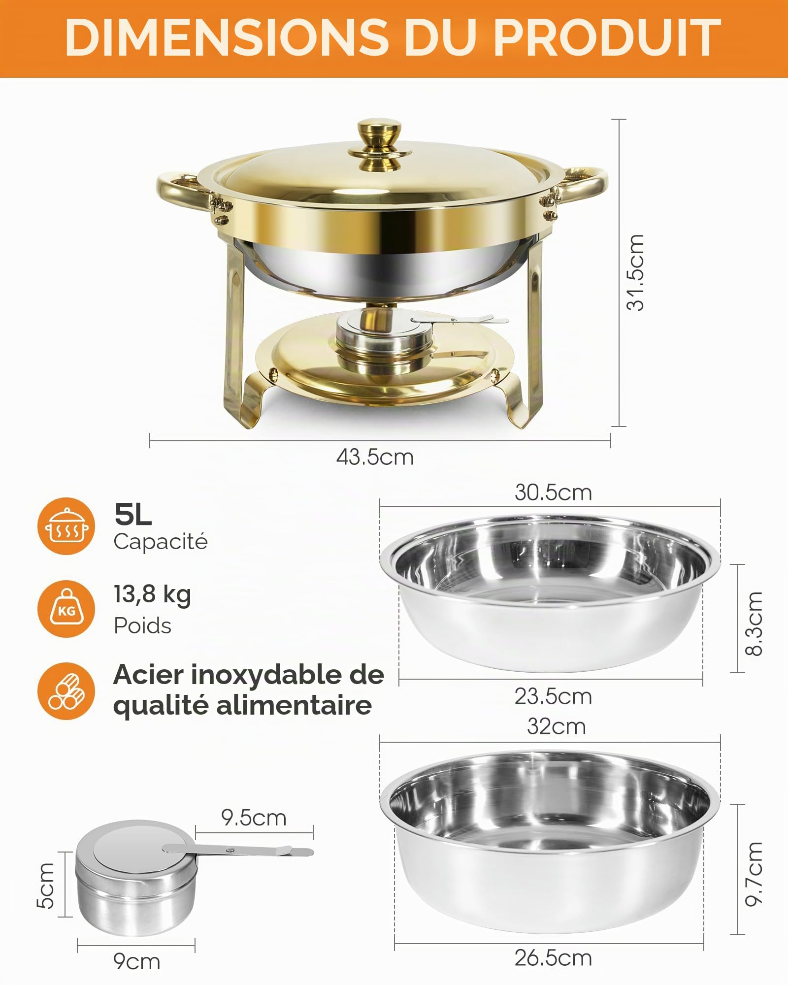 Dorés Chafing Dish Buffet 5L[Solide et Durable, Haute qualité],2PCS Ronds Chafing Dish en Acier Inoxydable,Buffets Chauffants [élégant Or et Argent] pour Restaurants,Traiteurs,Fêtes,Mariages