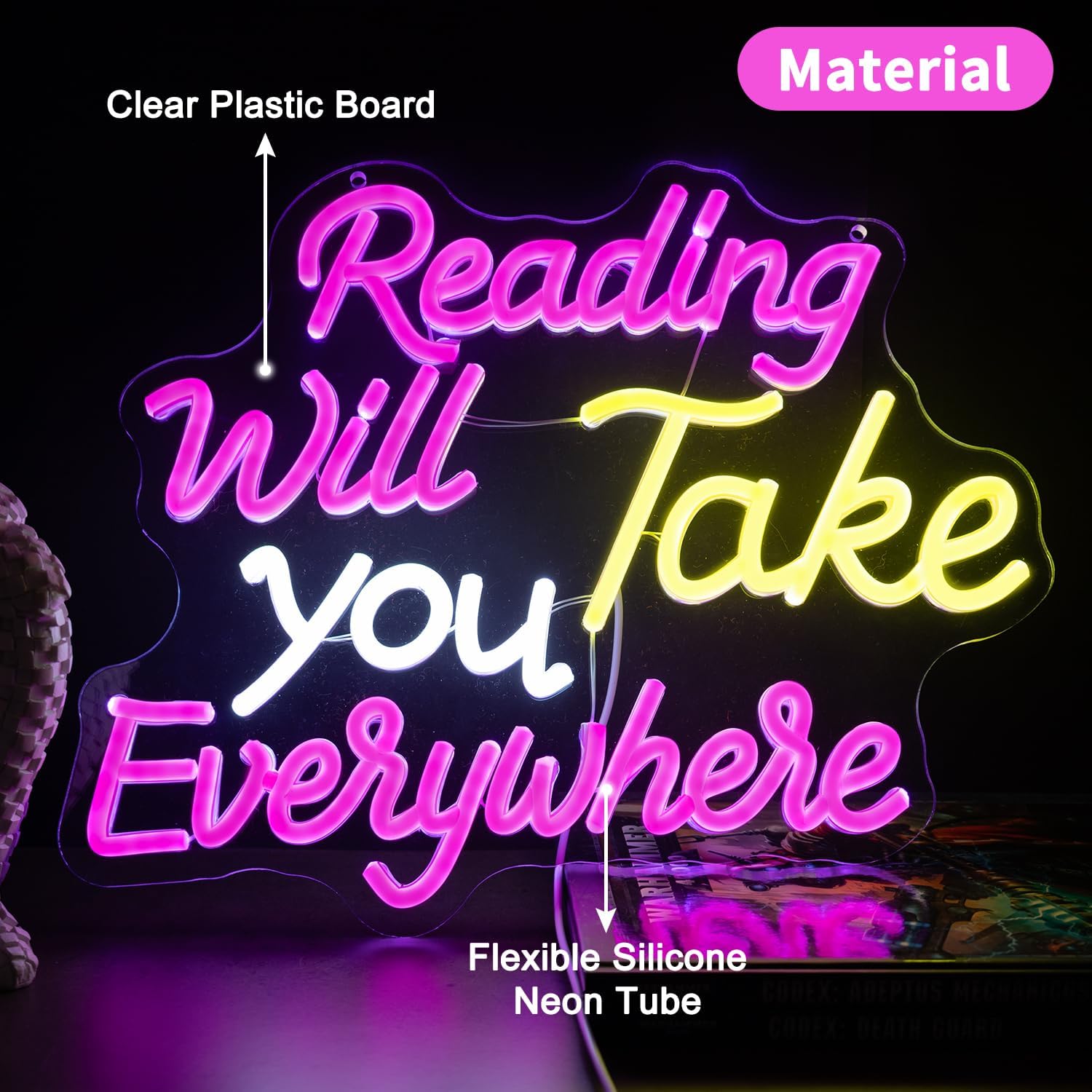Reading Will Take You Everywhere Neon Signs, Neon Sign with Switch for Wall Decor, USB Dimmable Neon Lights Colorful LED Signs for Home Club Party Christmas Decoration 14.17 x 12.2"