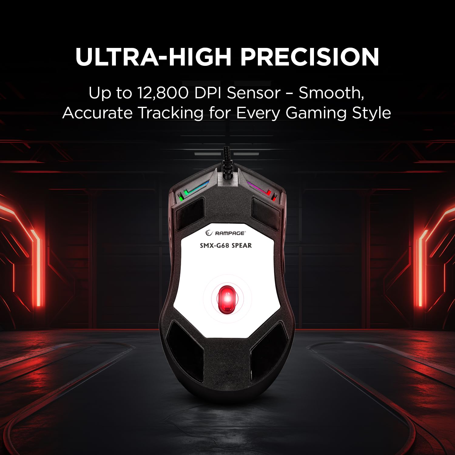 Rampage Spear V2 - Mouse da gioco cablato nero con illuminazione RGB, 12800 DPI, 7 pulsanti programmabili, mouse da gioco ergonomico leggero per giocatori di PC/Mac/laptop