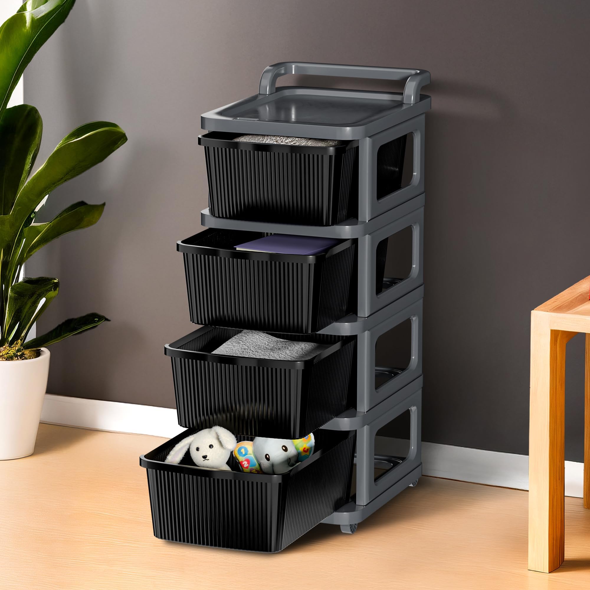 Kuber Industries 4 Layer Heavy Duty Plastic Storage Drawer with Wheels | Modular Cabinet for Bedroom, Office, Home | Chest of Drawers Organiser for Cosmetics, Kitchen items, Toys | Grey & Black