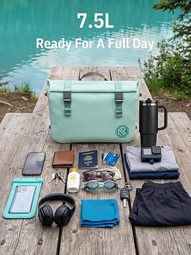 Vista 5 de niphean Bolsa seca impermeable IPX7 con cierre magnético con una sola mano, bolsa cruzada de 7.5 litros para hombres y mujeres, bolsas secas, Azul