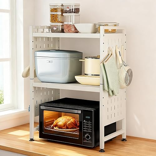 Miniatura 2 de Soporte extensible para microondas, 3 niveles resistente sobre microondas con 4 ganchos, estante de metal ajustable para horno de microondas de