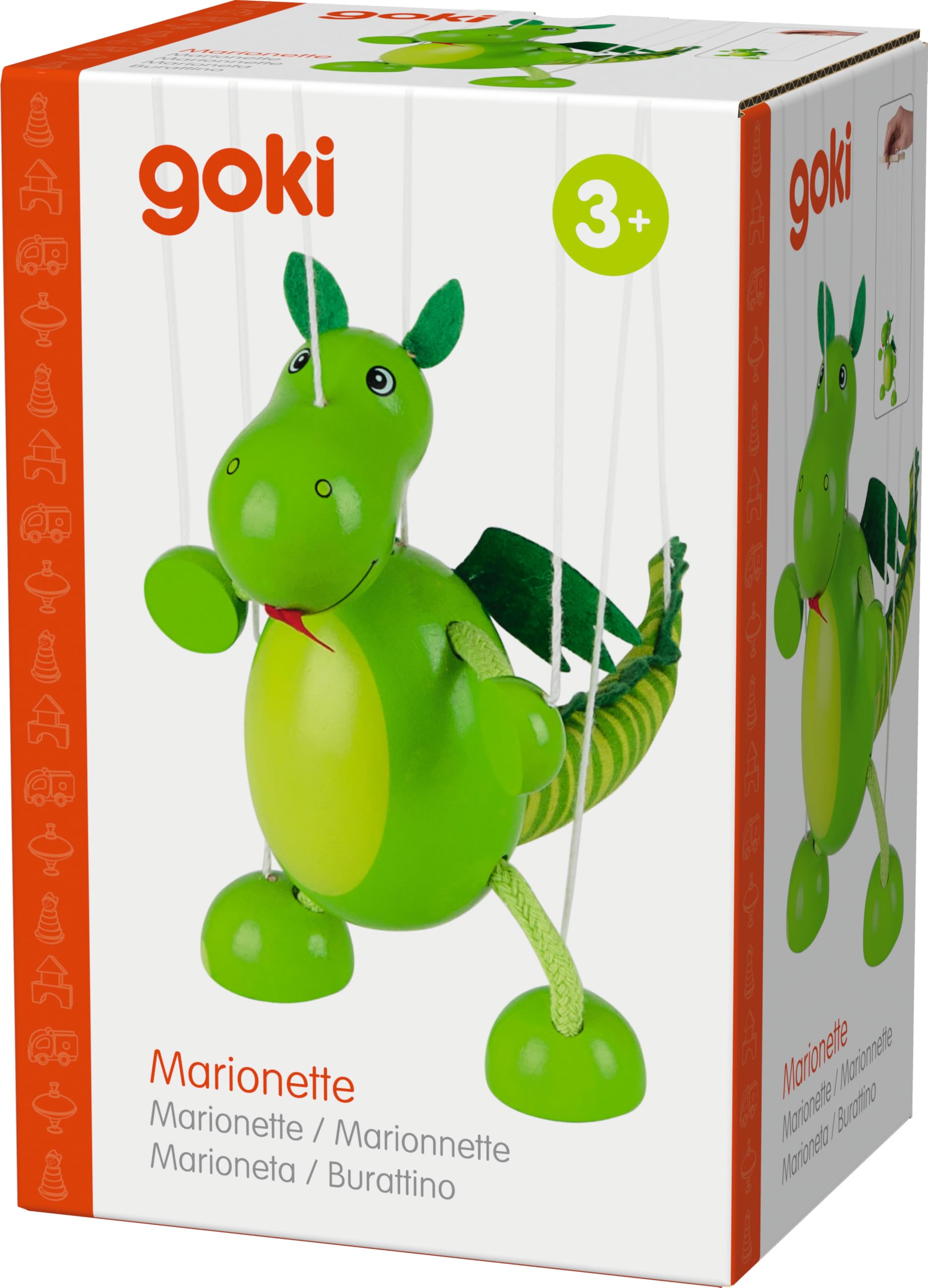 Marionette Dinosaurier: H (Gesamt)= 38 cm, H (Figur)= 16 cm, Stoff & Holz, per Stück