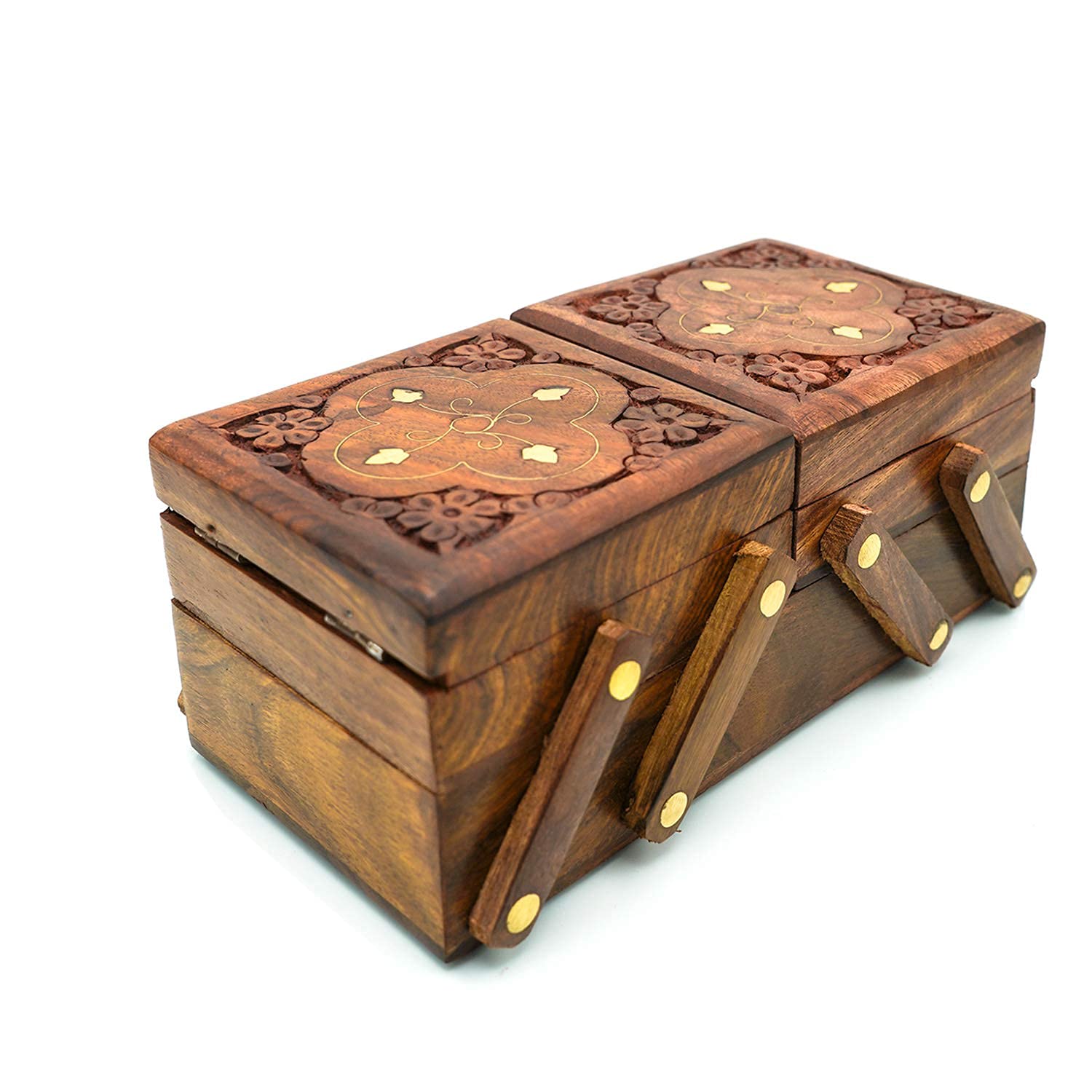 Damen-Schmuckkästchen aus Holz, Messing, mit Klappklappe, handgefertigt, Braun, 20,3 x 10,2 x 7,6 cm (L x B x H)