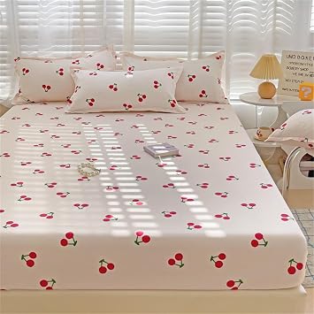 Odot Fitted Sheet with Elastic, Deep Pocket Fitted Sheets Soft Breathable Microfibre Bed Sheets Fade Resistant Easy Care Fitted Bed Sheet for Single Double King Size Red Cherry,120x200cm