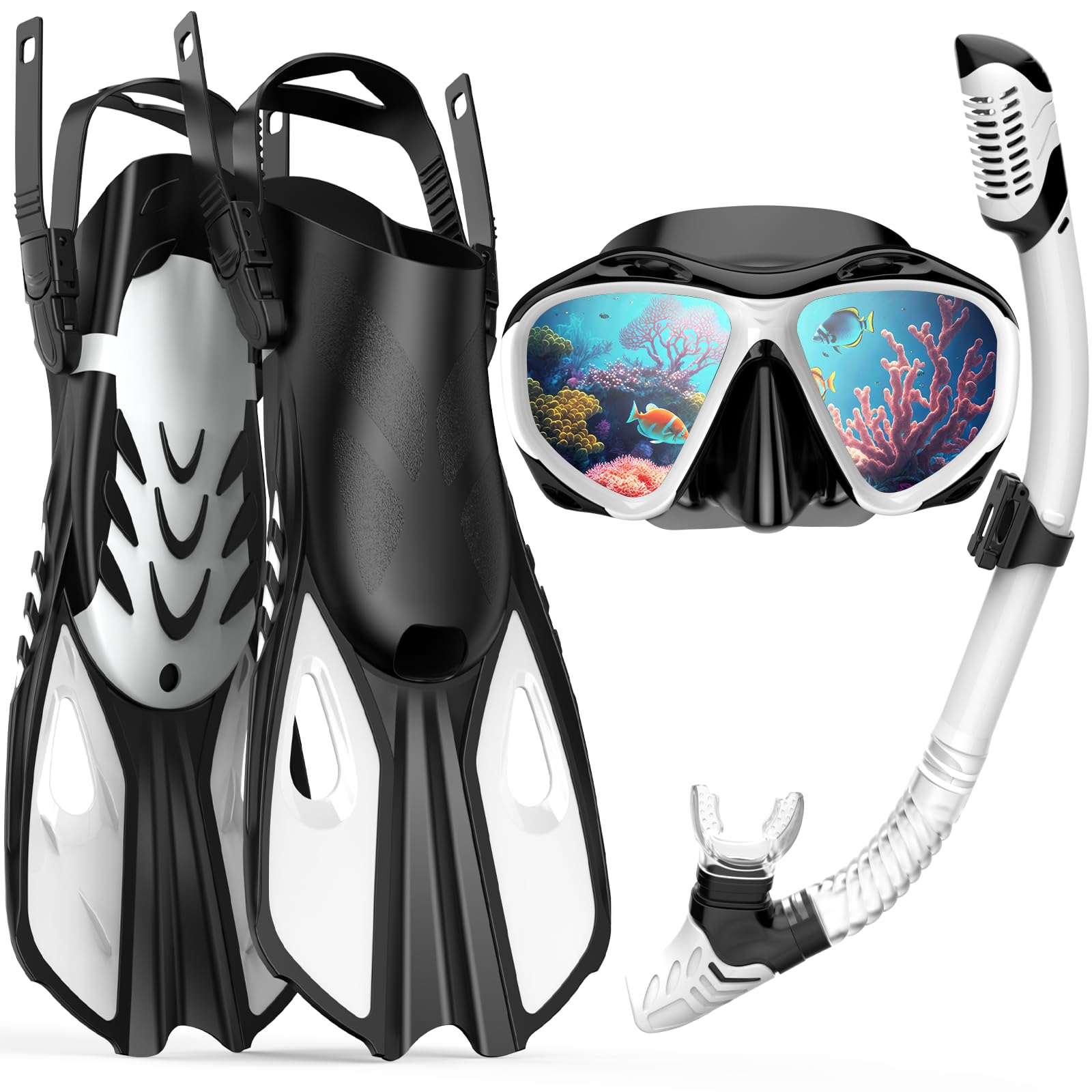 Snorkeling Gear for Adults Men Women, 3 in 1 Snorkel Set with Panoramic View Diving Mask Anti-Fog Anti-Leak, Snorkel Mask Dry Top Snorkel Fins for