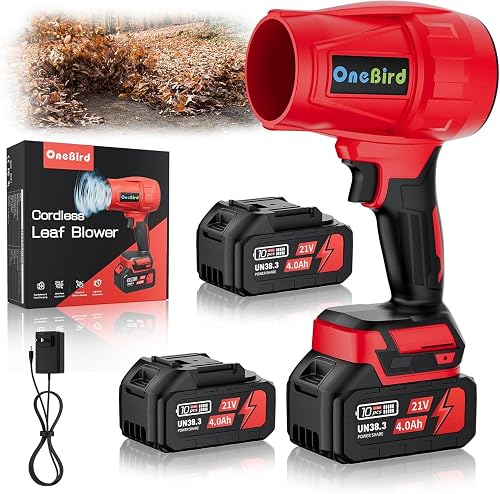 Cordless-Leaf-Blower-Electric Leaf Blower for Lawn Care 560 CFM-Handheld Blower Portable with Battery and Charger with 21V-4.0Ah-2 Batteries, Lightweight Blower for Patio Cleaning dust - red Black
