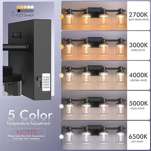 Miniatura 2 de Quntis Lámparas de baño negras de 4 luces con 5 modos de color, lámpara de pared LED regulable de 27 pulgadas sobre espejo, lámpara de pared LED de