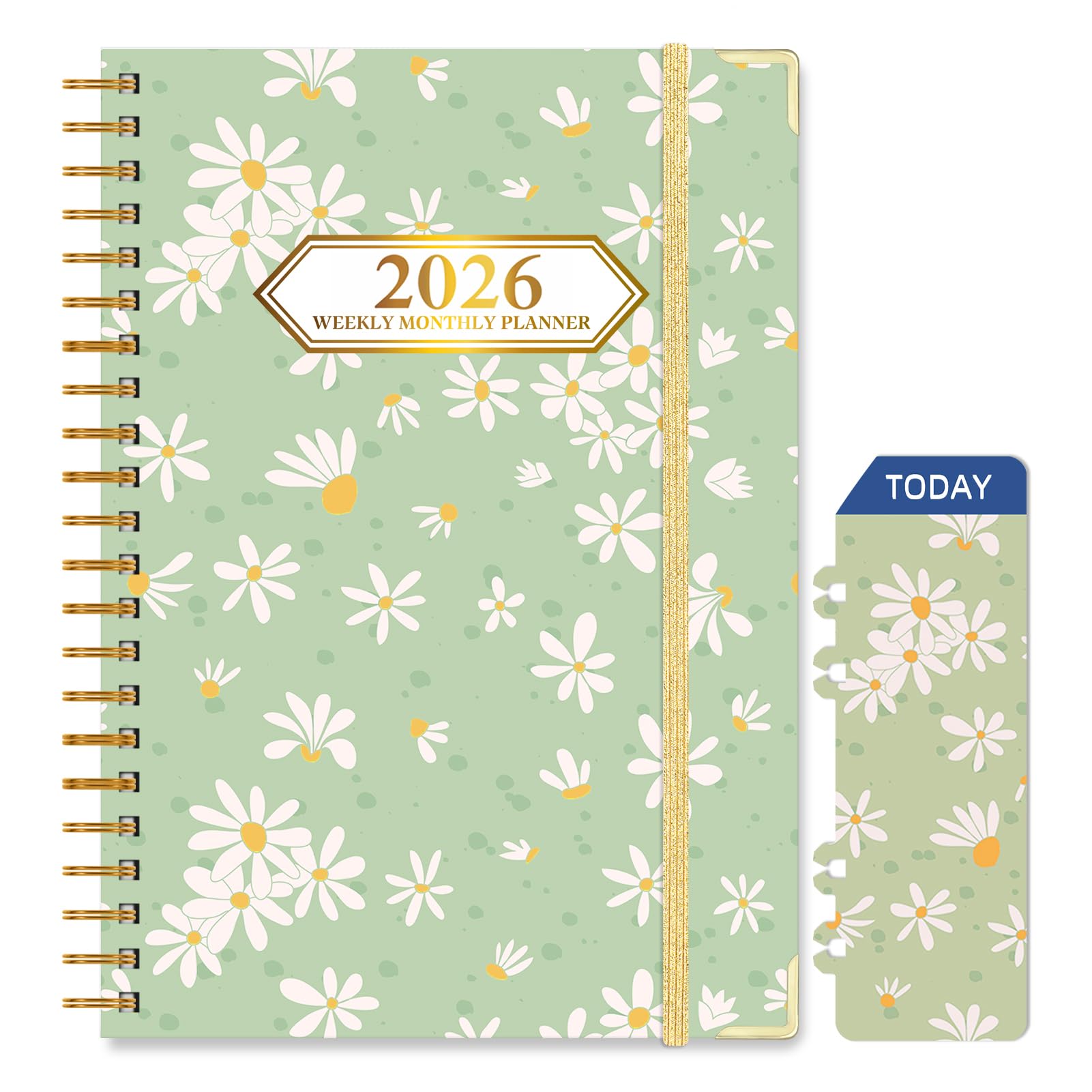 Knagsfa 2026 Monthly Planner, Jan.2026 - Dec.2026 Weekly Monthly Planner 6.25"x8.5" with Page Tabs, Calendar Hardcover with Inner Pocket, Elastic Band, Twin-Wire Binding, Bookmark, Green Daisy