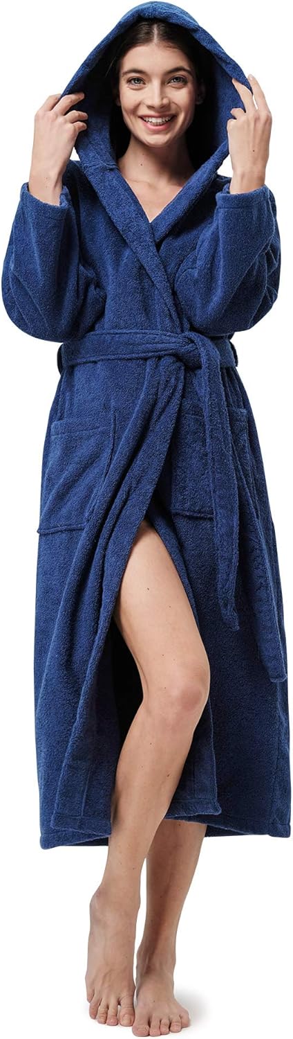 SIORO Womens Terry Cottton Long Cloth Robes, Hooded Plush Soft Absorbent Bathrobe, Full Length Spa Colth for Shower, Hot Tub