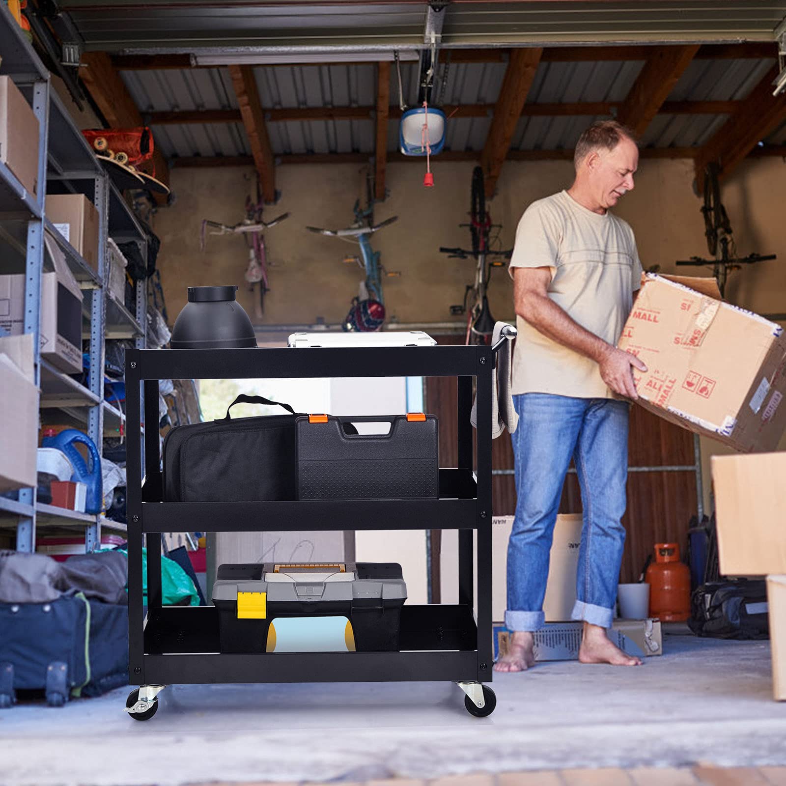 COSTWAY Carrello da Cucina con 3 Livelli, Carrellino Multifunzionale con Ruote Flessibili, Carrello di Servizio Resistente con Maniglia Comoda, Ideale per Ufficio Garage Magazzino Biblioteca (Nero)