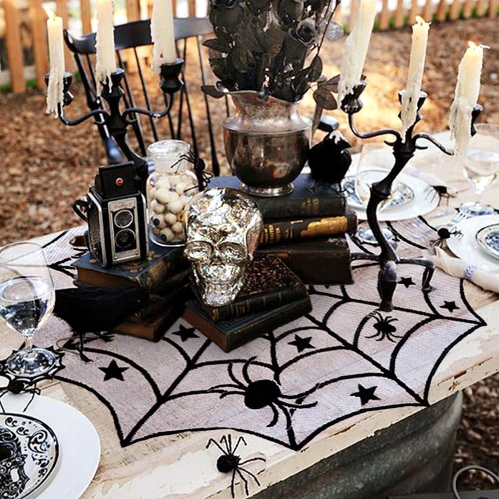 Fеаturеd Prоduсt OurWarm PartyTalk Lace Spider Web Table Topper Cloth, 40-Inch Round Black Halloween Tablecloth for Halloween Table Decorations