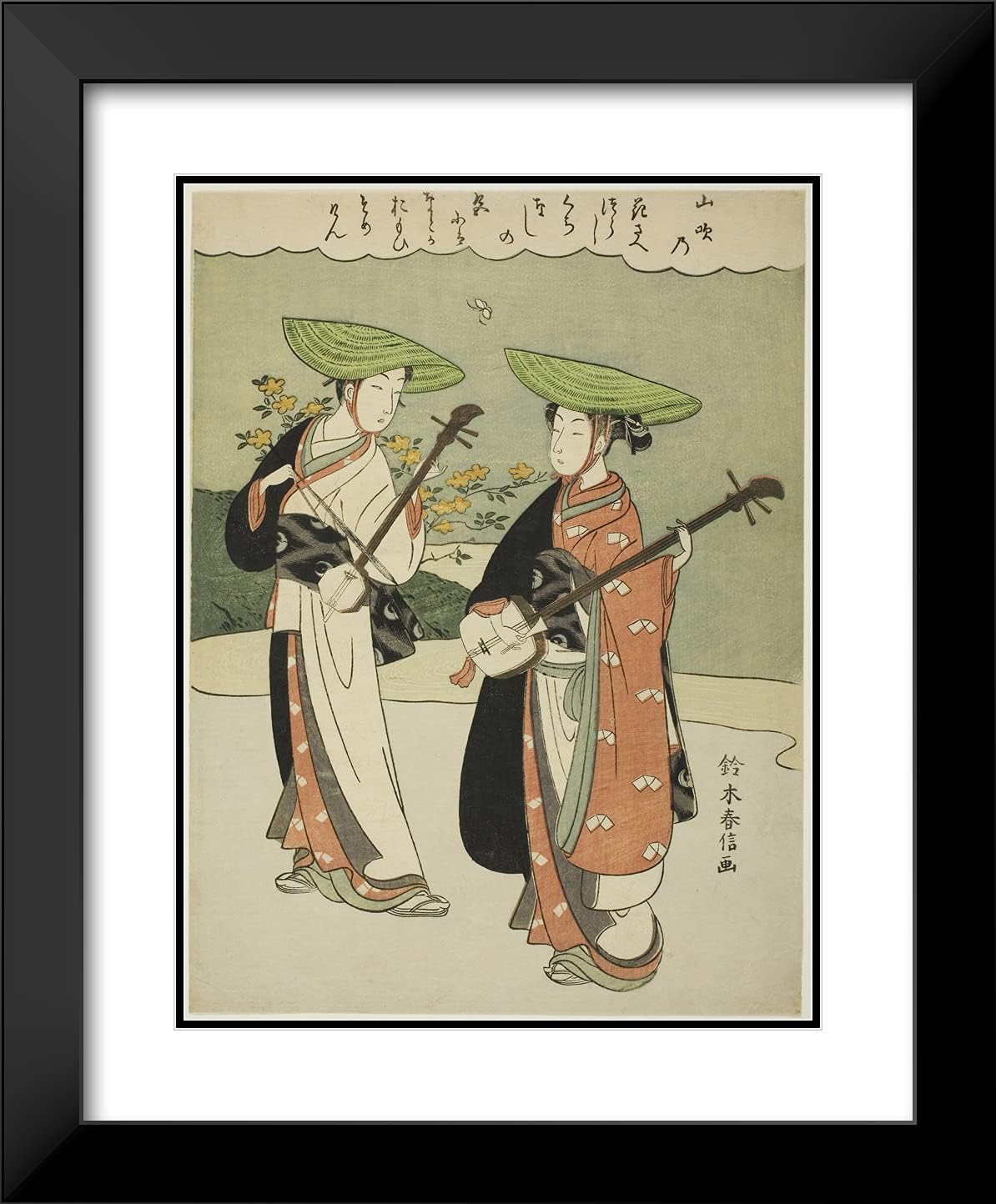 ArtDirect Suzuki Harunobu 20x24 Black Modern Framed and Double Matted Art Print Titled Two Itinerant Musicians