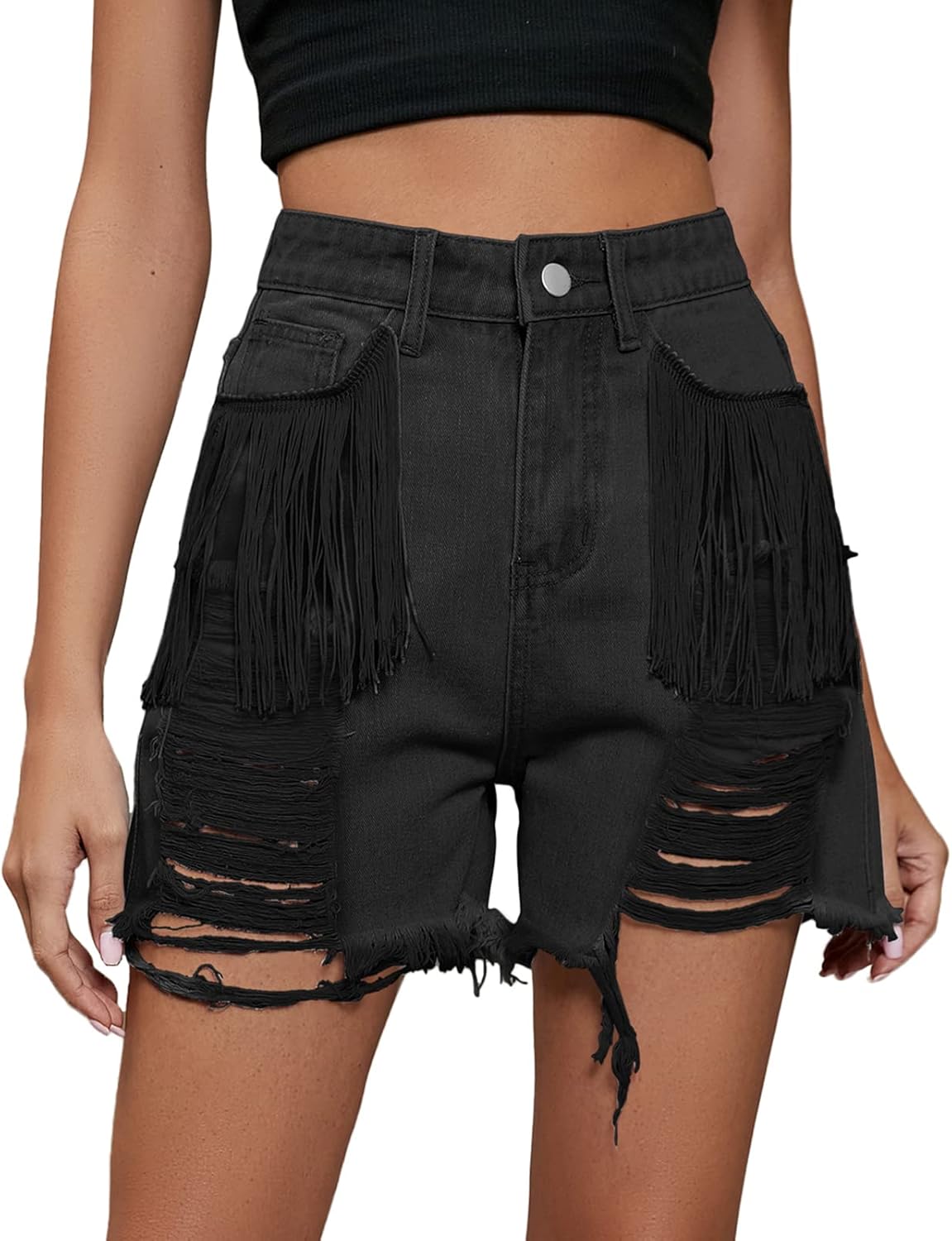 Amazon.com: jinghuiyue Women Distressed Denim Shorts Rhinestone Fringe ...