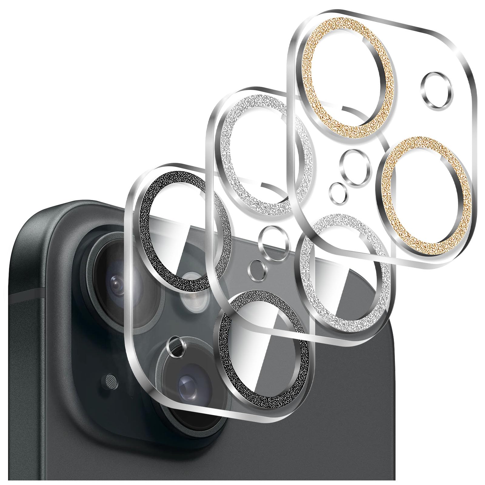 Kucheed 3PCS Shiny Camera Lens Protector for iPhone 11, One-Piece Clear Acrylic Shell with Colorful Sparkling Glitter Designed Decoration Back Camera