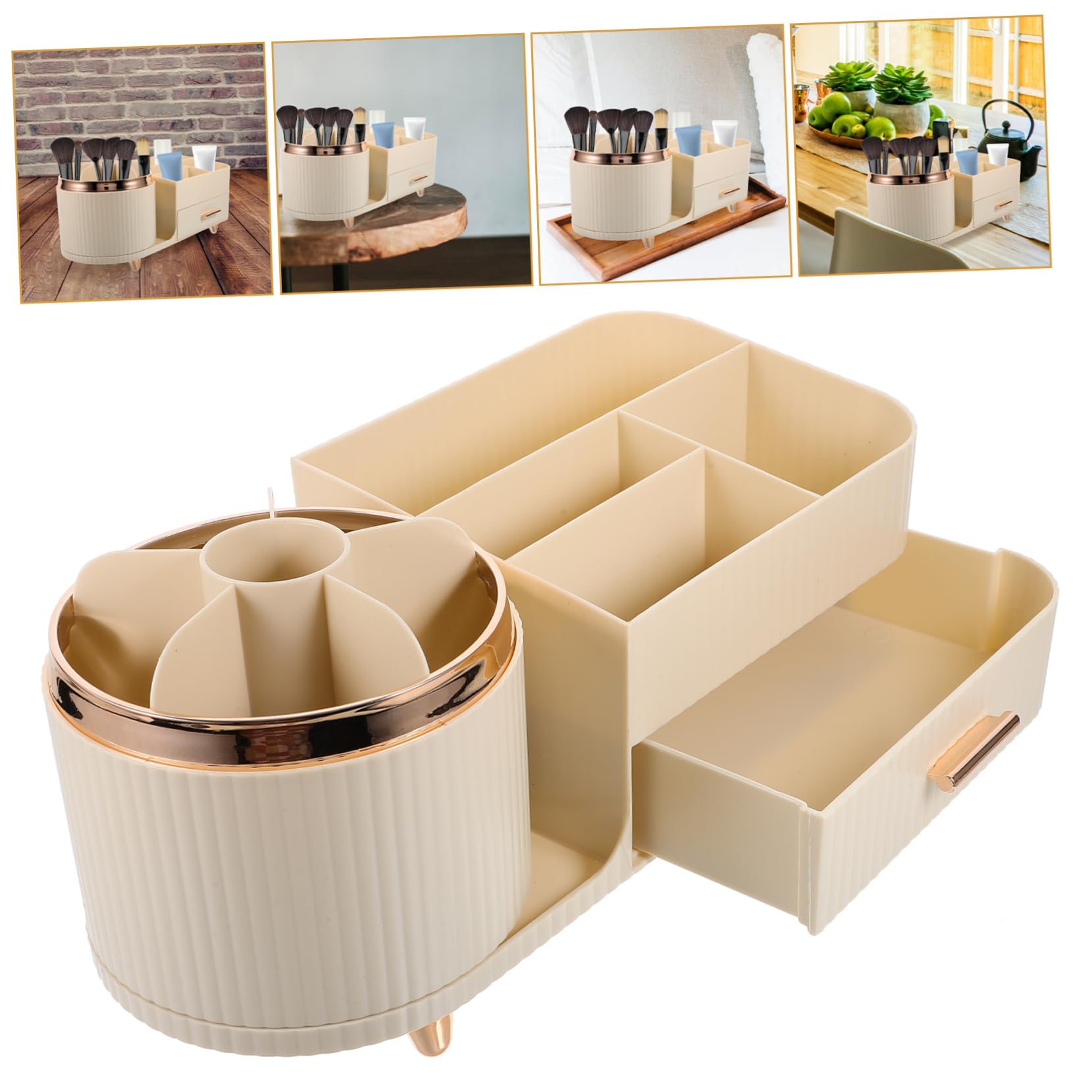 FRCOLOR Make Up Pinselhalter Beige mit Schublade und Fächern Drehbarer Schminkorganizer aus Kunststoff Große Kapazität für Schminktisch und Bad