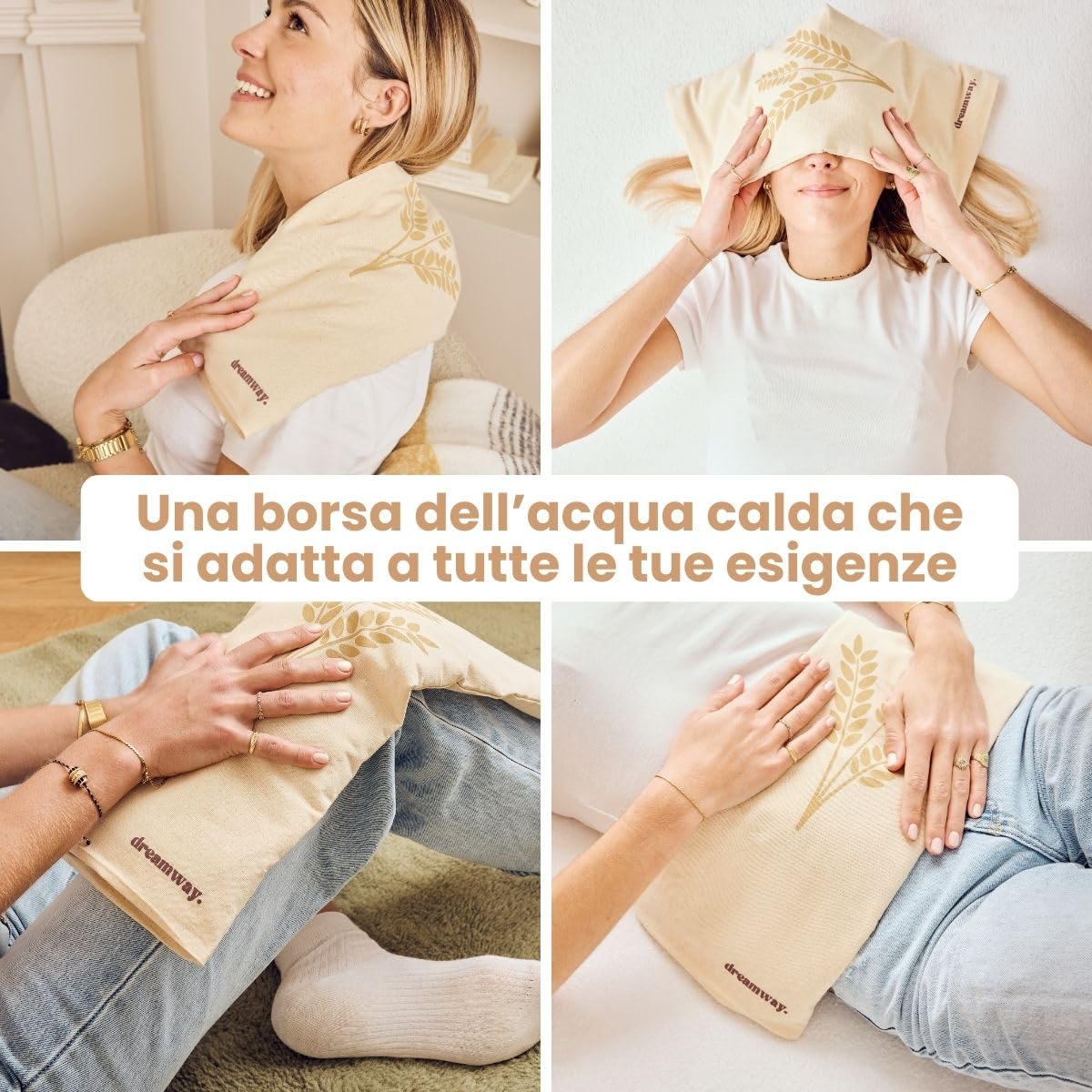 Dreamway - Cuscino riscaldante per microonde con semi di grano 53x20 cm - Cuscino termico naturale per dolori al collo, schiena e spalle - Fodera lavabile 100% cotone