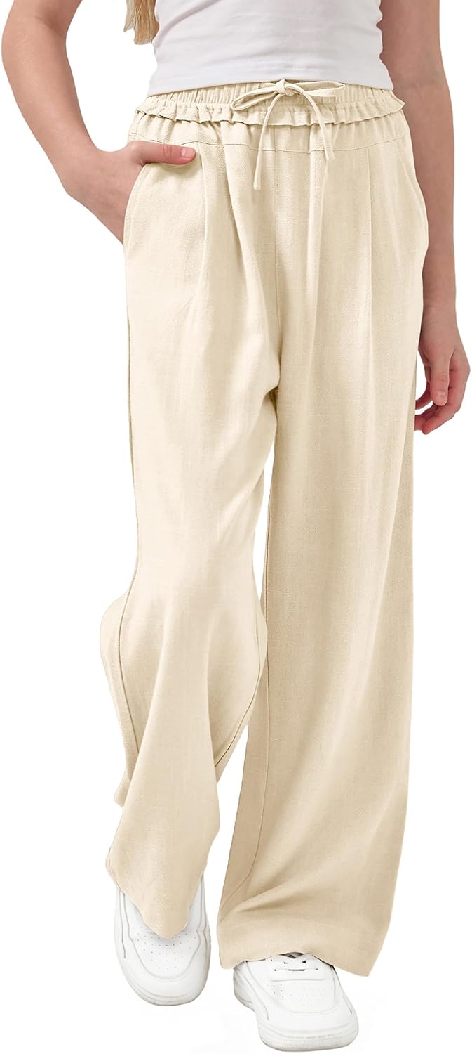 Rolanko Girls Wide Leg Linen Pants Breathable Flowy Palazzo Trousers for School Beach Daily Wear 9-15 Years