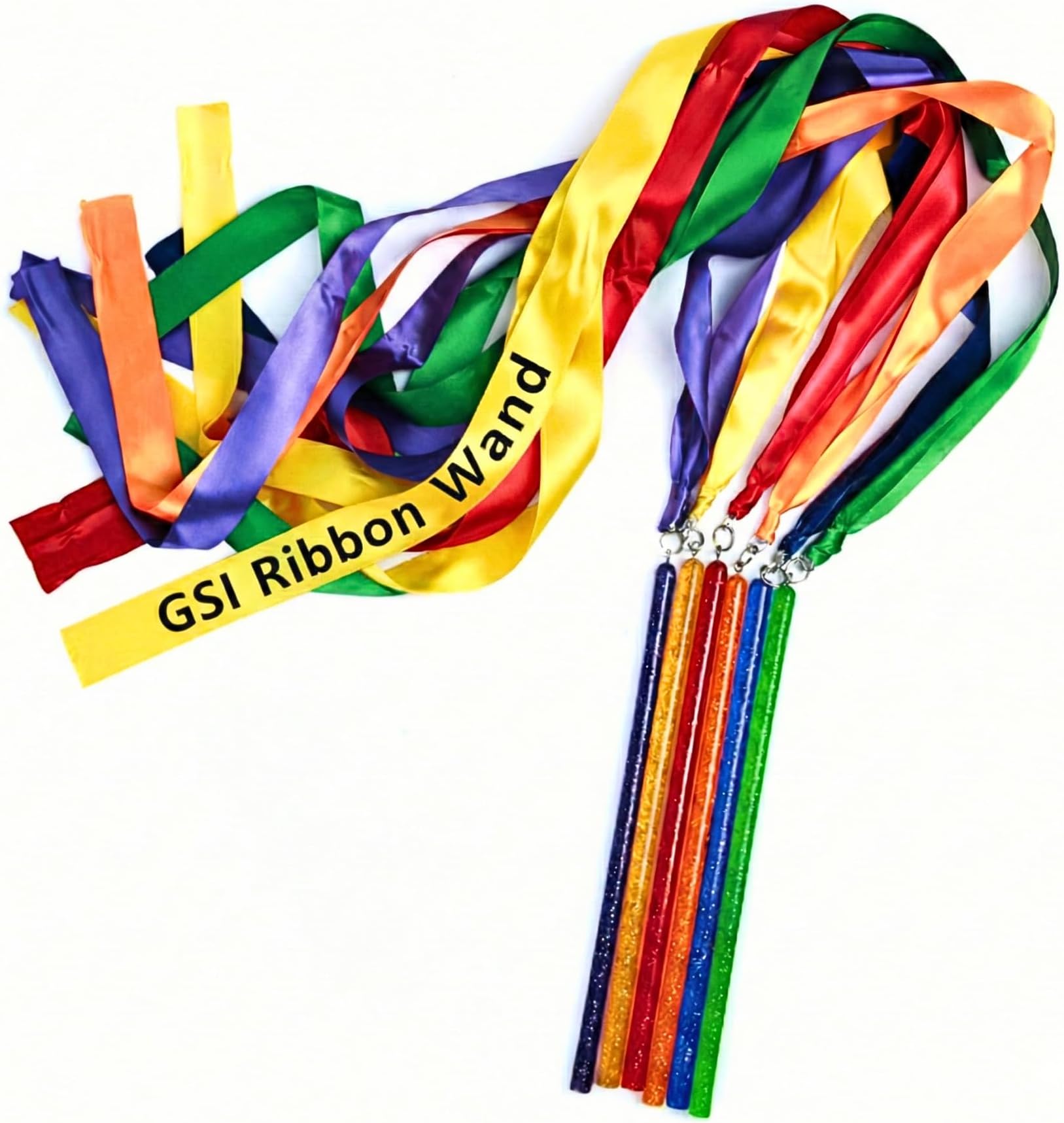 Multicolor Sparkling Gymnastic Ribbon Wands [6 Pack] with 9 inch Stick and 1 Meter Ribbon for Gym, Training, Circus, Dance, Baton Twirling, Dancing Streamers (Pack of 6)