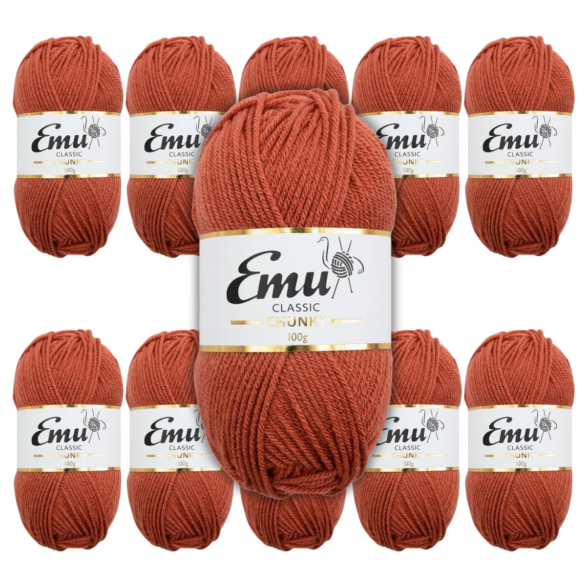 Emu Classic Chunky Acrylic Yarn 100g Balls 164m, Pack of 10, Copper - 164