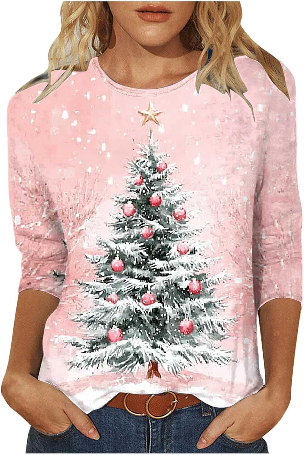 Christmas Shirts for Women Glitter Christmas Tree Blouses 3/4 Sleeve Crew Neck Vintage Xmas Tops Festival Party Tees
