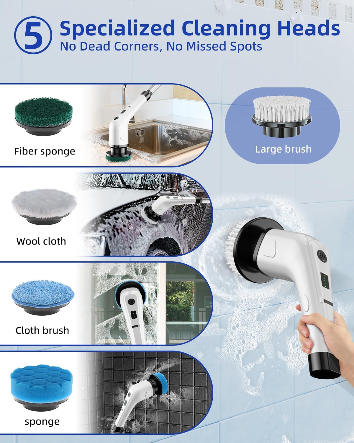 Electric Spin Scrubber, Cordless Power Scrubber for Bathroom Cleaning, 6 Replaceable Brush Heads, 360 RPM, Long Battery for Tub, Tile, Grout & Floor