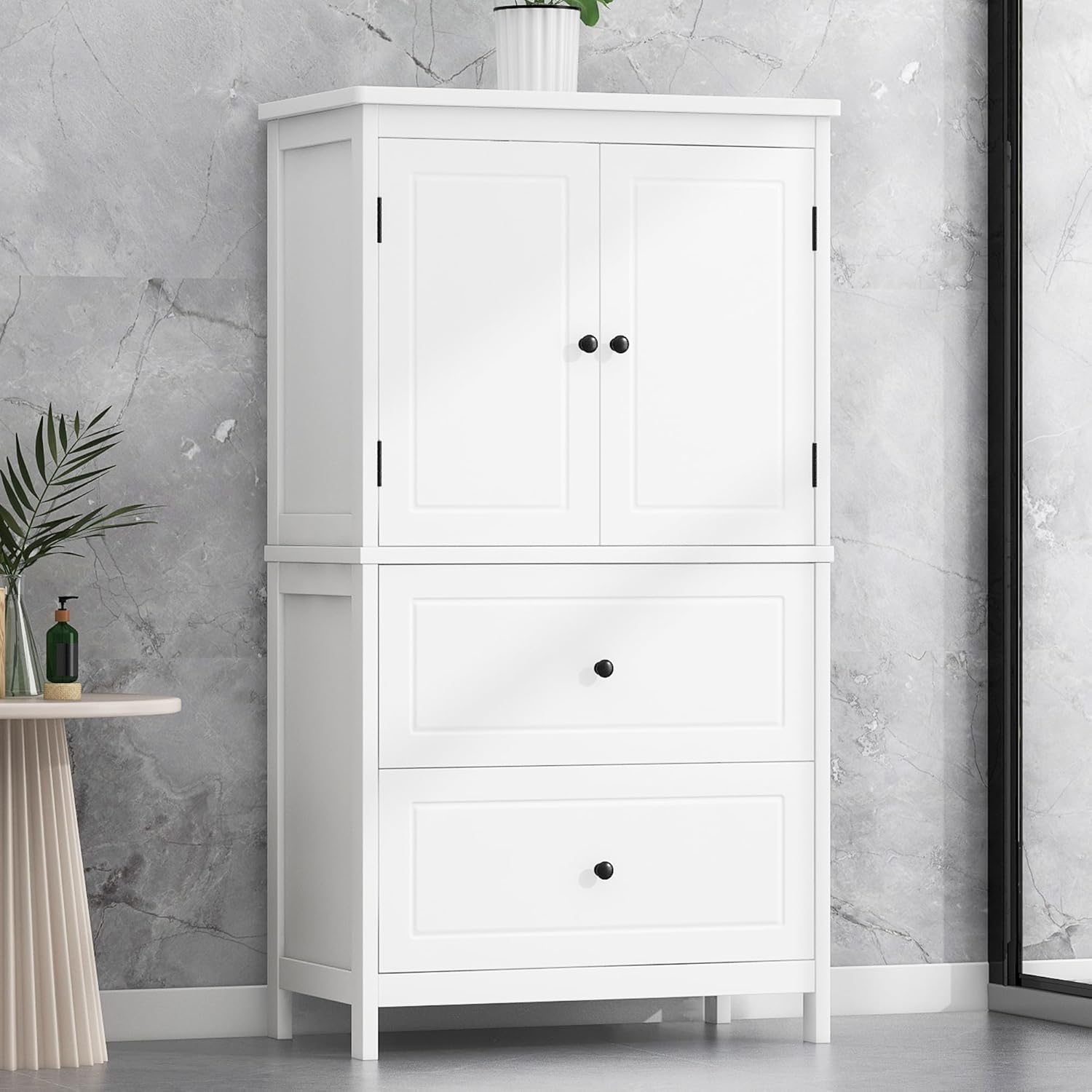 Merax Storage Cabinet with Doors and Two Drawers, Bathroom Floor Unit Freestanding Organizer Display for Home Kitchen, Adjustable Shelves, White