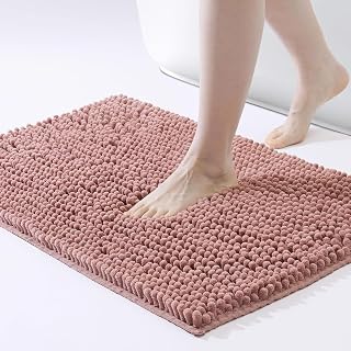 Extra Soft Plush Super Water Absorbent Chenille Bathroom Rugs Nonslip Washable | Quick Dry Shaggy Thick Dense Pile Blush Coral Pink Color Plush Luxury Underfoot Feel Tub Shower Bath Mat 24" L X 17" W
