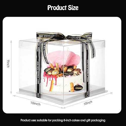 Miniatura 7 de 4 cajas transparentes para pasteles con una cinta de 147 pies de 10 x 10 x 9 pulgadas de alto, caja para tartas para bodas, cumpleaños, aniversario,