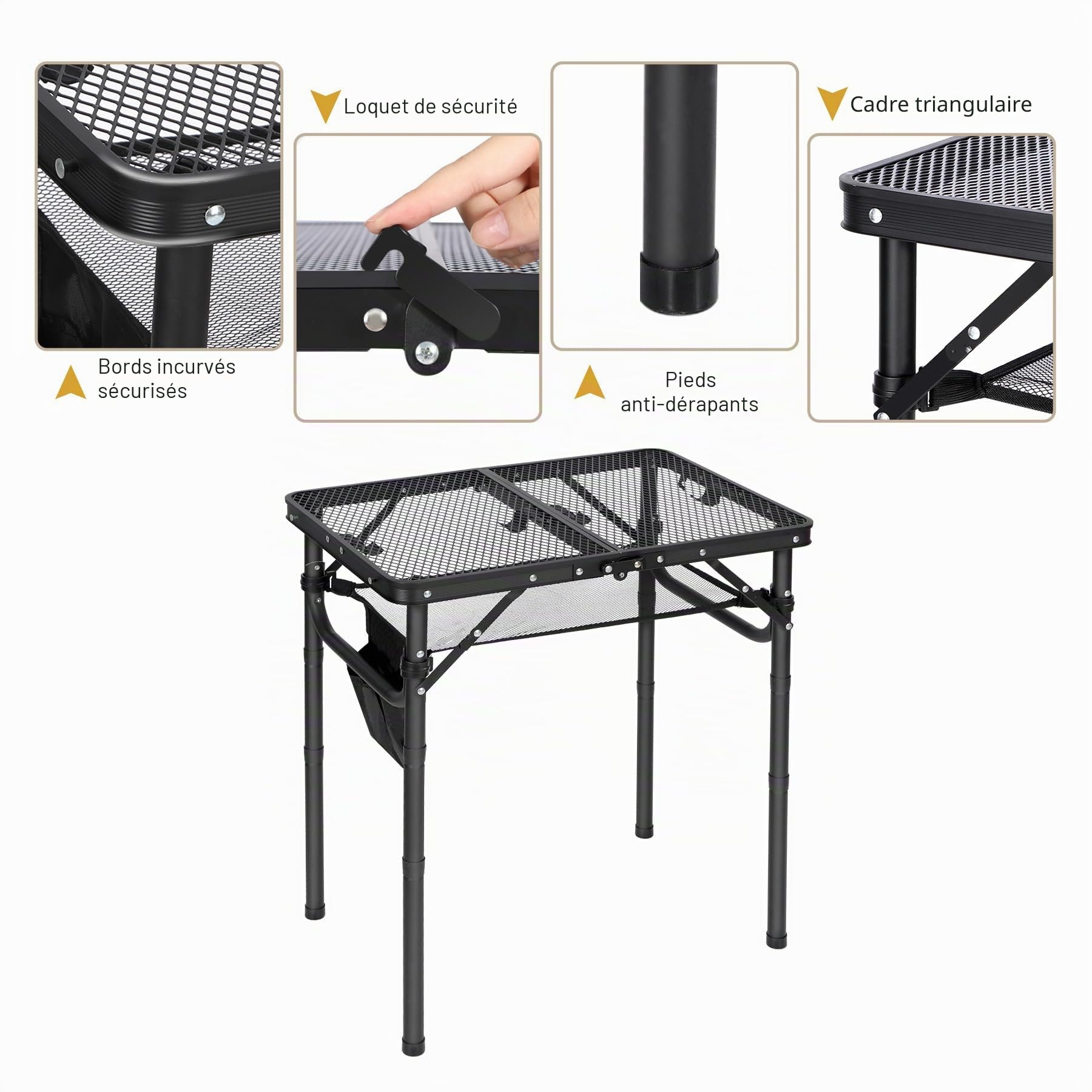 REDCAMP 60 x 40 cm Table de Camping Pliable,Table de Barbecue Pliable Portable avec Bureau, pour Camping, Cuisine, Barbecue, Pique-Nique, Facile à Monter avec Pieds réglables en Hauteur, Noir