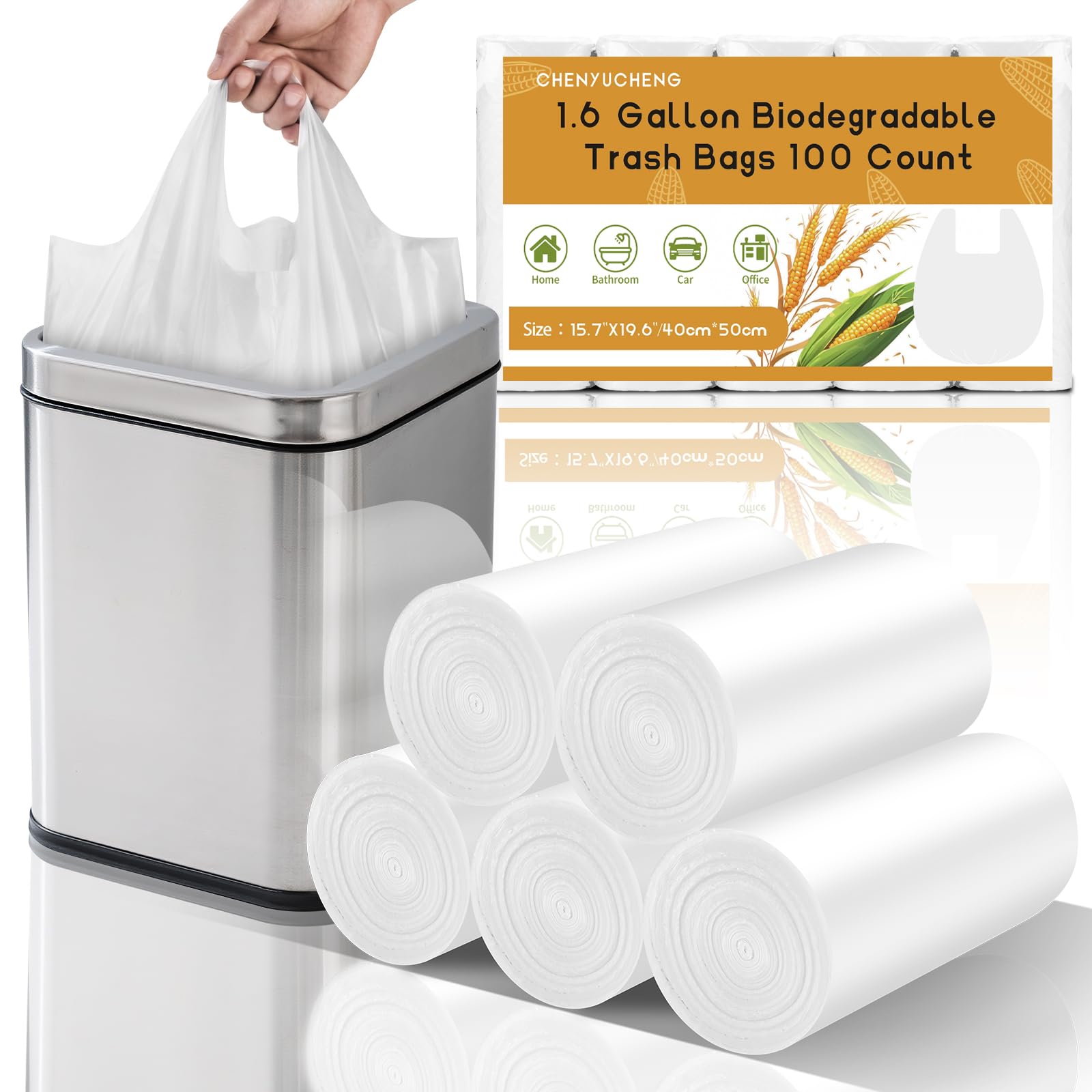 Mini bolsas de basura de 1.6 galones para baño, con asas, pequeñas bolsas de basura blancas (ajuste de 1.3 a 1.5 galones), 100 unidades de 6 litros, biodegradables, compost, bolsas de basura sin