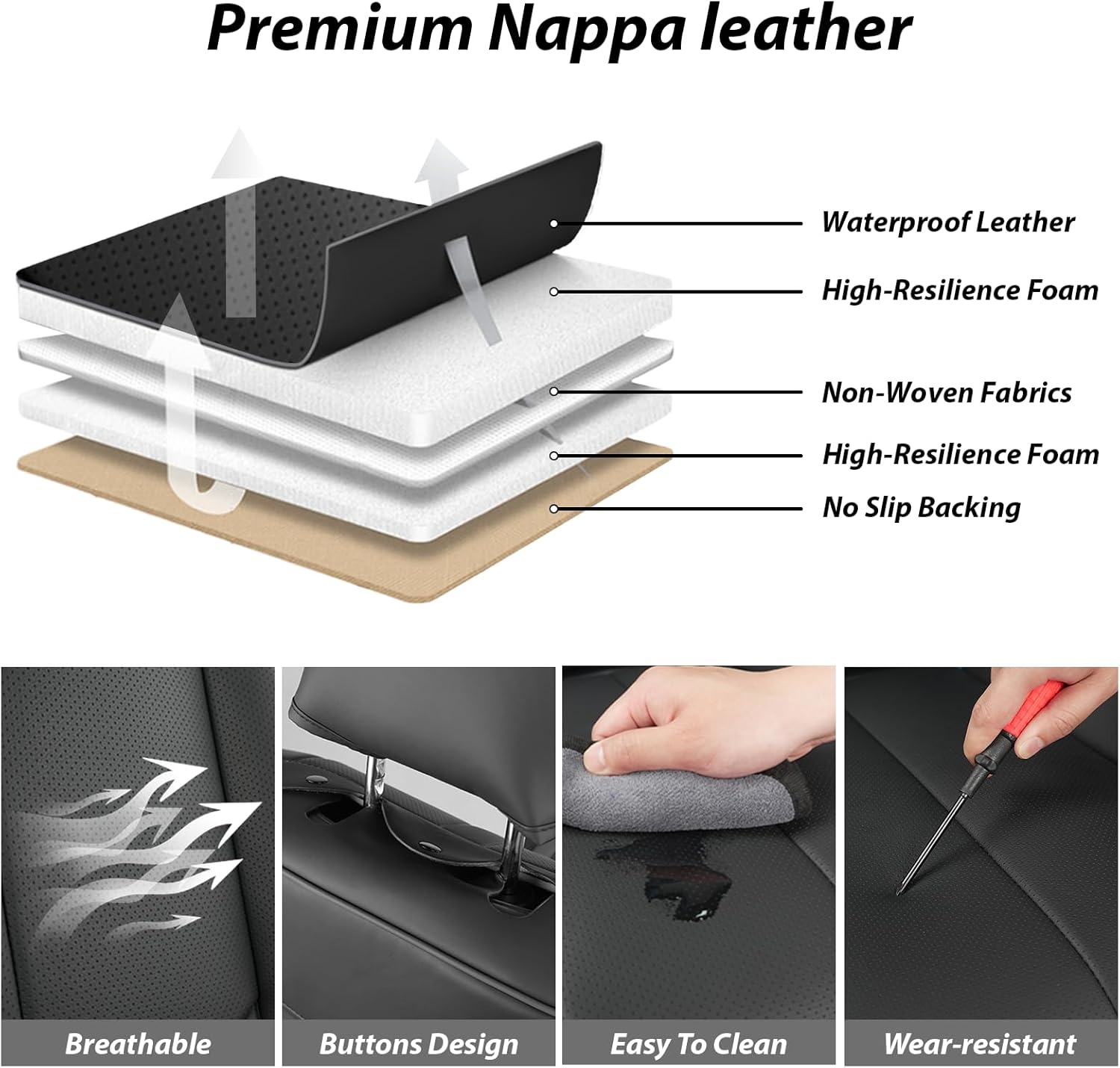 Car Seat Covers for Hyundai Elantra 2001-2025, Full Coverage,Nappa Leather Seat Covers with Lumbar Support,Waterproof&Anti Scratch All Season Protector(Front Set,Black)