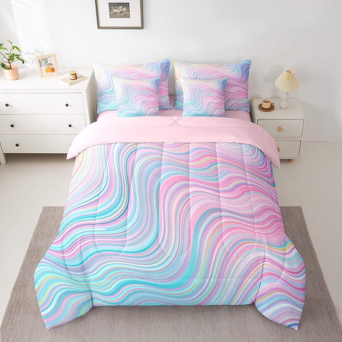 Feelyou Girls Pink Rainbow Comforter Set with Sheets Full Size Kids Stripe 7 Pieces Bedding Set for Boys Teens Die Tye Bed in a Bag Breathable Geometric Bed Set Gift for Girls Women