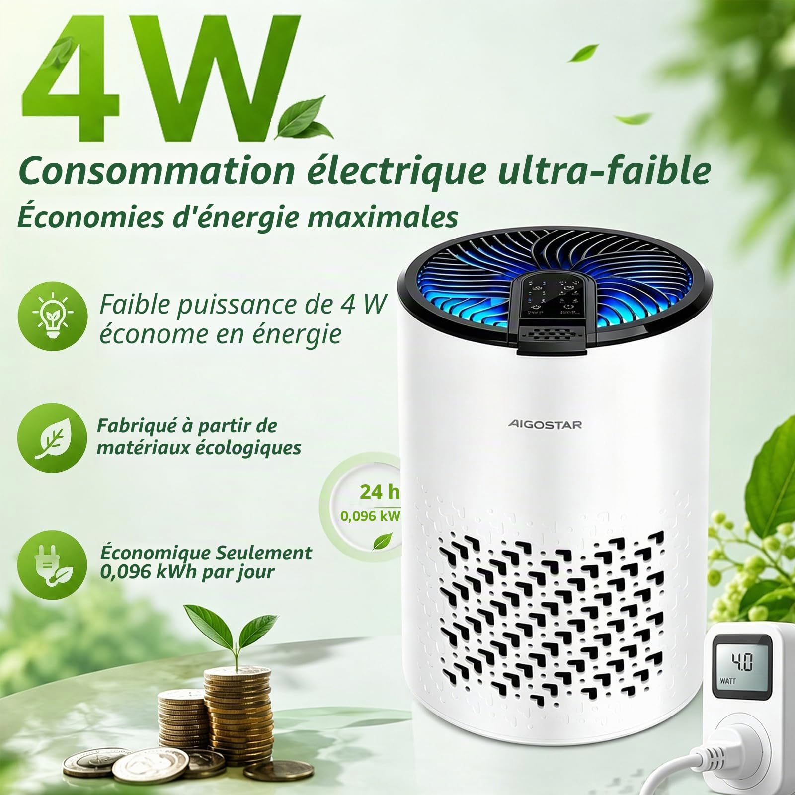 Aigostar Purificateur d‘air avec Filtre HEPA 4 en 1 et Charbon Actif, Ultra Silencieux 15dB avec Aromathérapie, pour Chambre Anti-Allergies, Élimine Poils, Fumée & Odeurs