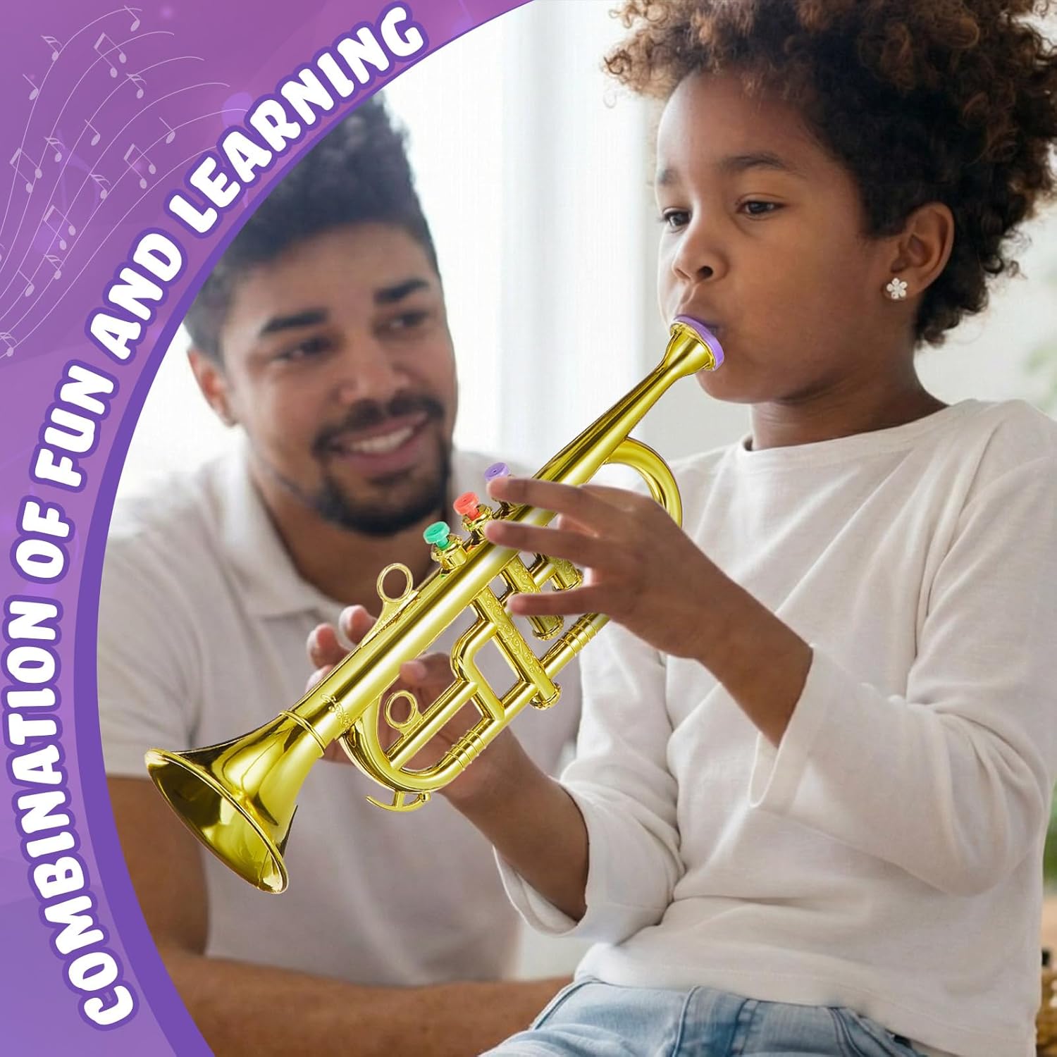 Lewtemi Gold Three-Valve Trumpet Musical Instruments Toy for Kid Toddler Fake Plastic Preschool Music Toy Gift Portable Wind Instrument Early Educational Teaching Songs Gifts for Toddlers Children
