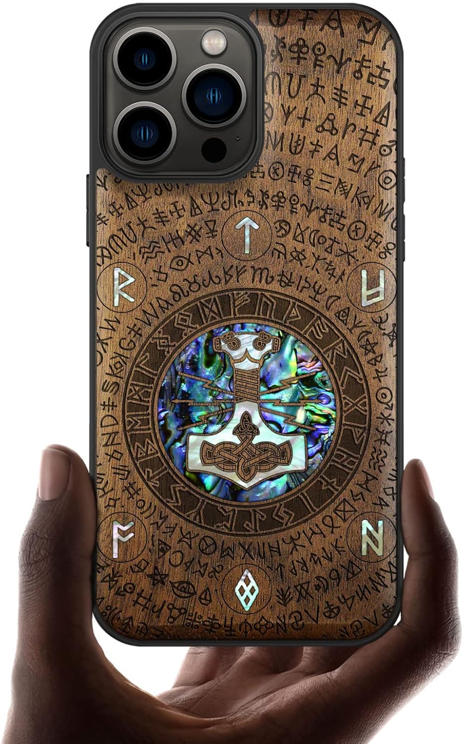 Carveit Designer Wooden Protective Case for iPhone 13 Pro Max Magnetic Cover [Wood Engraving & Shell Inlay] Wood Phone Case Compatible with 13 Pro Max MagSafe (Thors Hammer-Walnut)