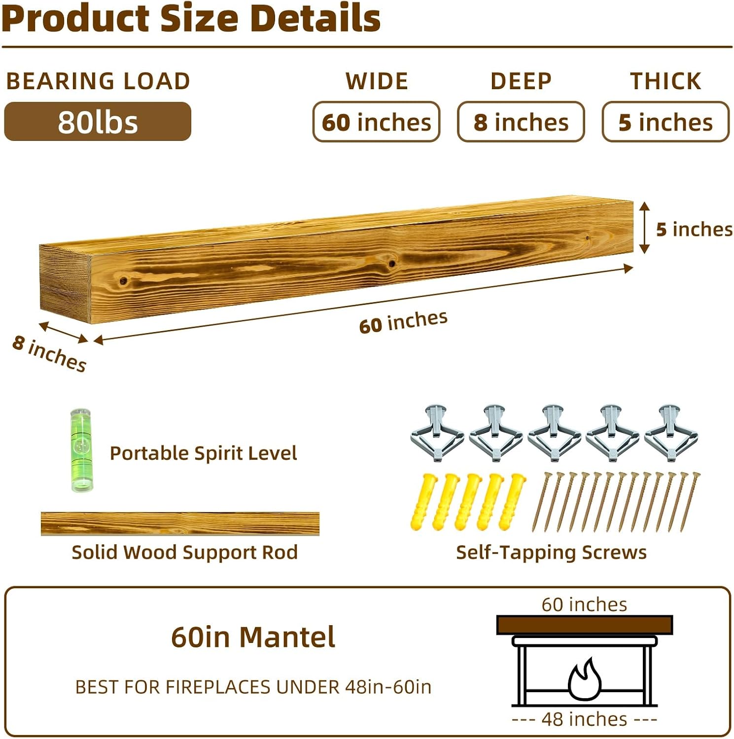 60" Fireplace Mantel – Handcrafted Wood Floating Fireplace Mantle Shelf with Invisible Brackets, Rustic Wall Mounted Mantel for Living Room Decor in Natural Wood Color