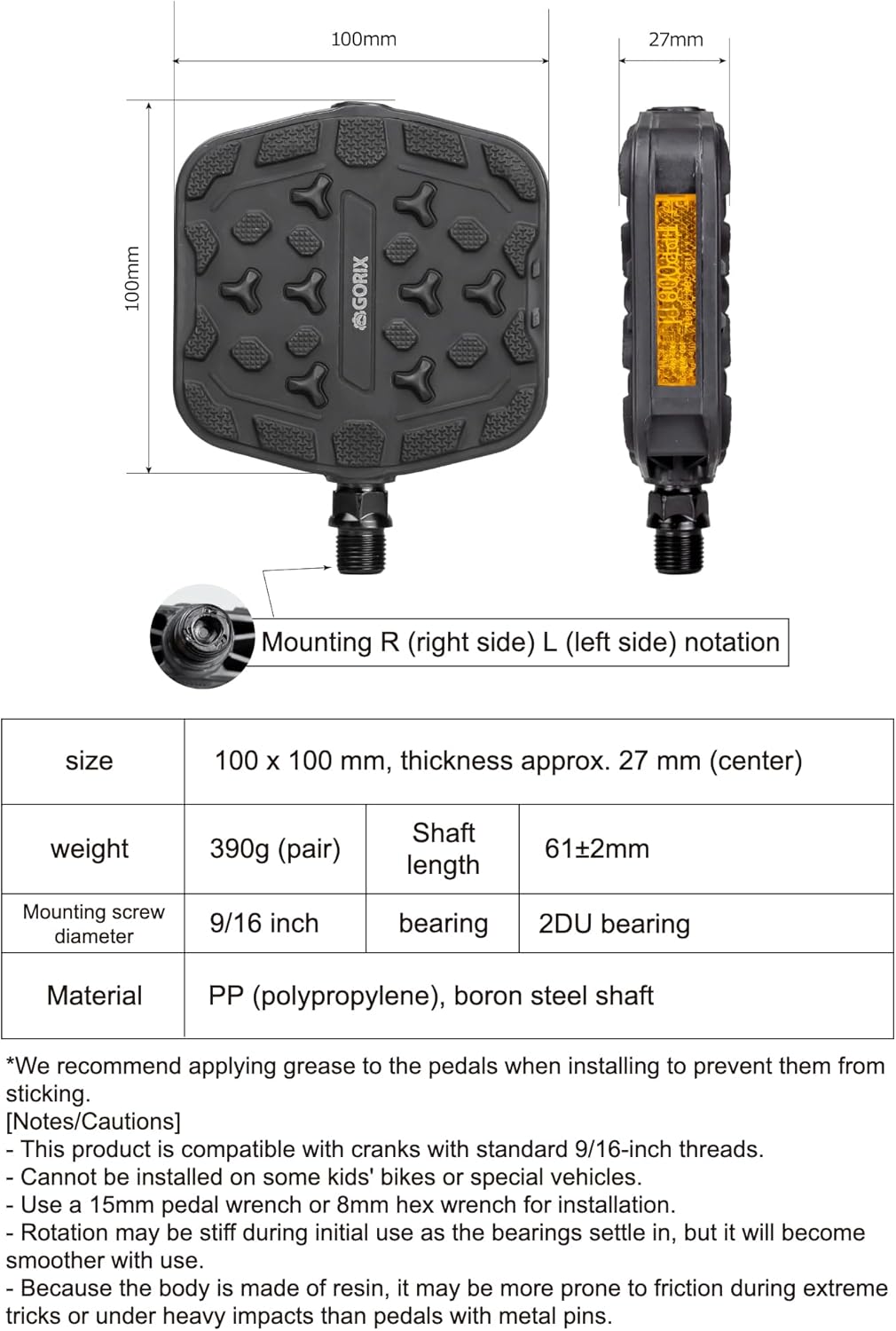 GORIX Bicycle Flat Pedals Reflector Wide Non-Slip Durability Resin Road Mountain Bikes (GX-NONSLIP713)