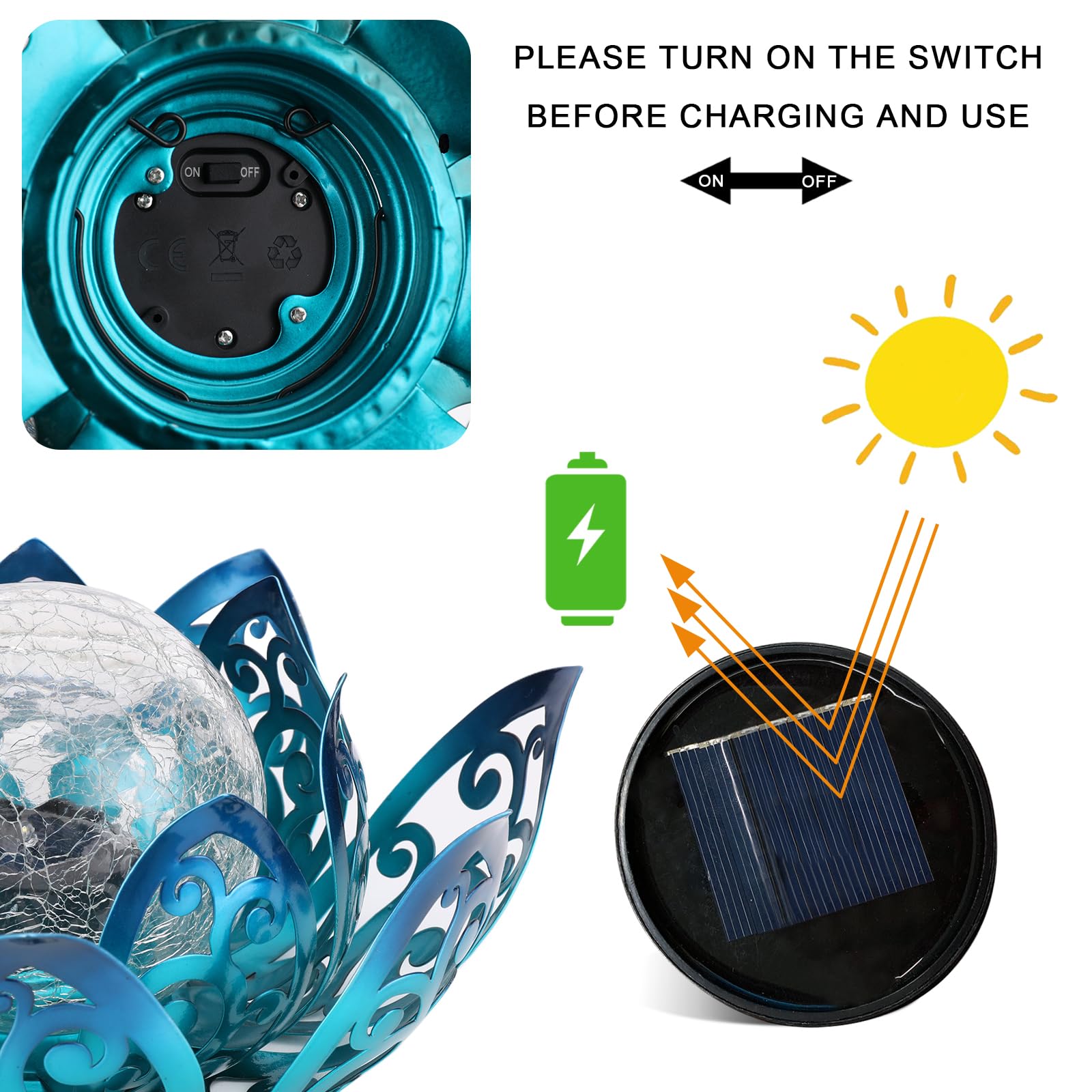 Luces solares para exteriores, lámpara de loto para decoración de jardín, farol solar de cristal agrietado de metal, impermeable, luz LED de mesa para patio, césped, pasarela, mesa, camino 5