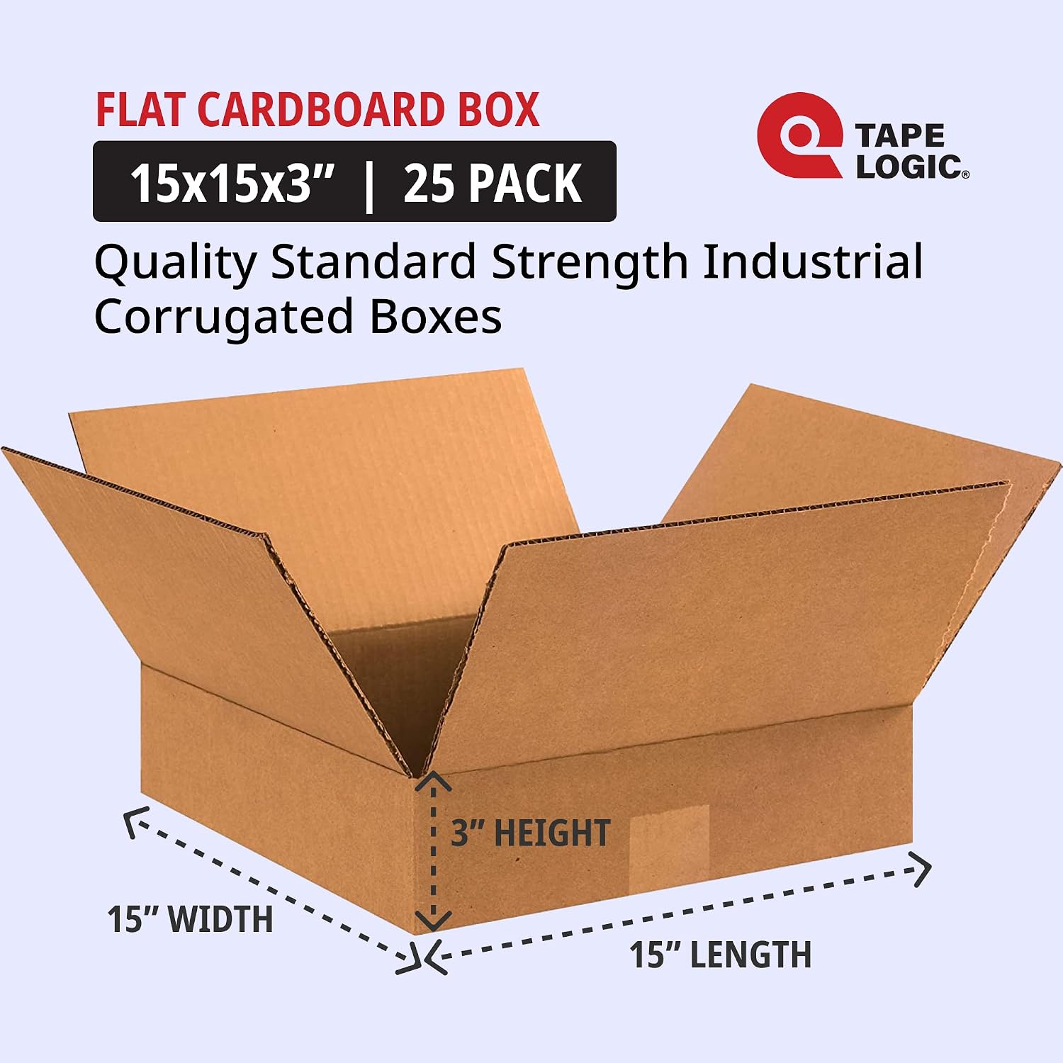 TAPE LOGIC 15 x 15 x 3 Corrugated Cardboard Boxes, Flat 15"L x 15"W x 3"H, Pack of 25 | Shipping, Packaging, Moving, Storage Box for Home or Business, Strong Wholesale Bulk Boxes
